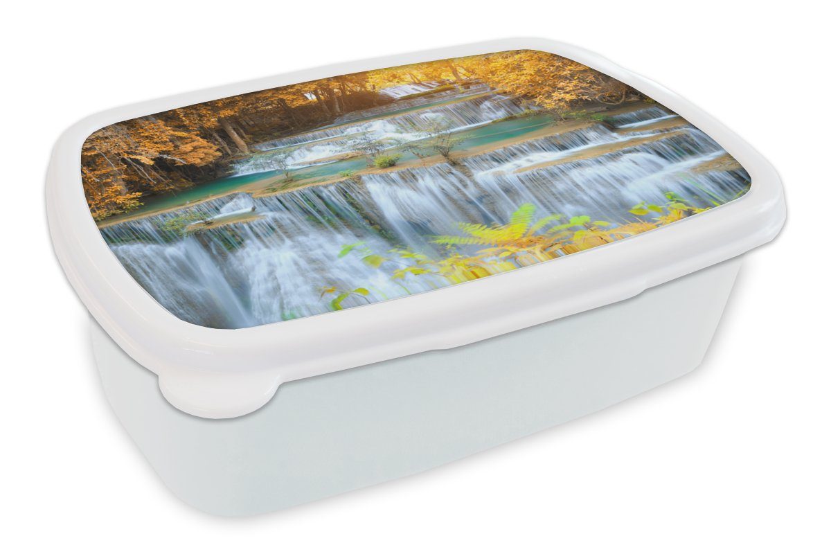 MuchoWow Lunchbox Wasserfall - Herbst - Bäume - Braun - Wasser, Kunststoff, (2-tlg), Brotbox für Kinder und Erwachsene, Brotdose, für Jungs und Mädchen weiß
