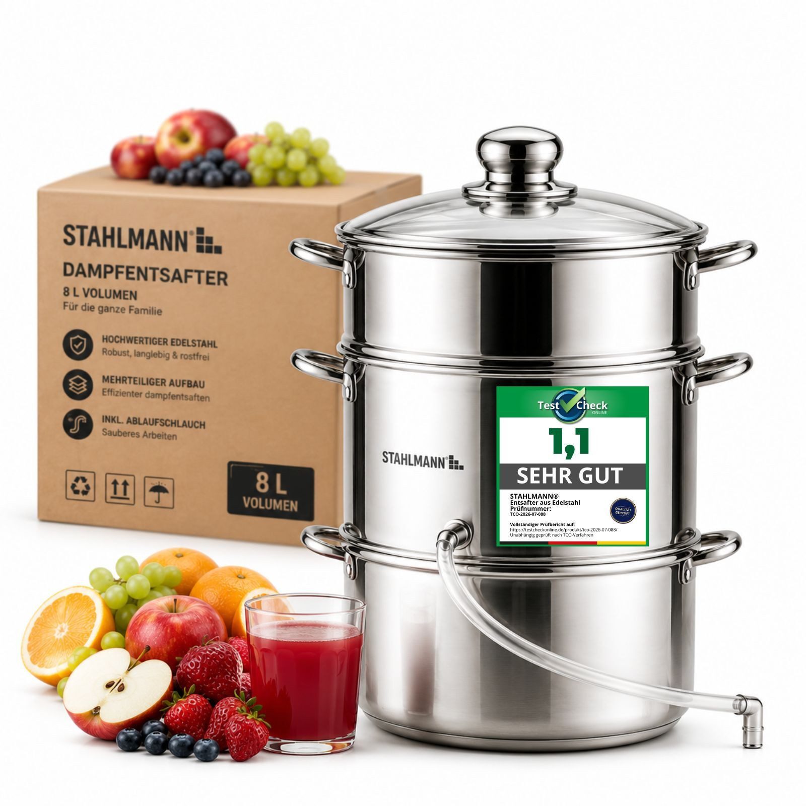 STAHLMANN COMMERCE GmbH Entsafter Dampfentsafter [8 L] Entsafter Obst und Gemüse Edelstahl Induktion, 8 L · Edelstahl · Für Induktion · Glasdeckel · 4-teilig