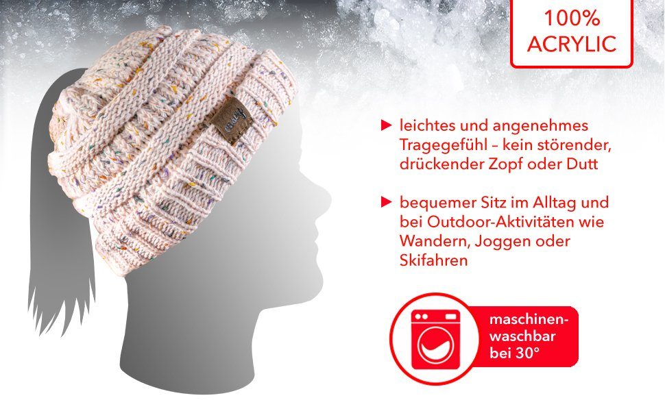 cosey Strickmütze Pferdeschwanz-Mütze mit Zopfloch für Damen und Mädchen (gesprenkelt oder einfarbig)