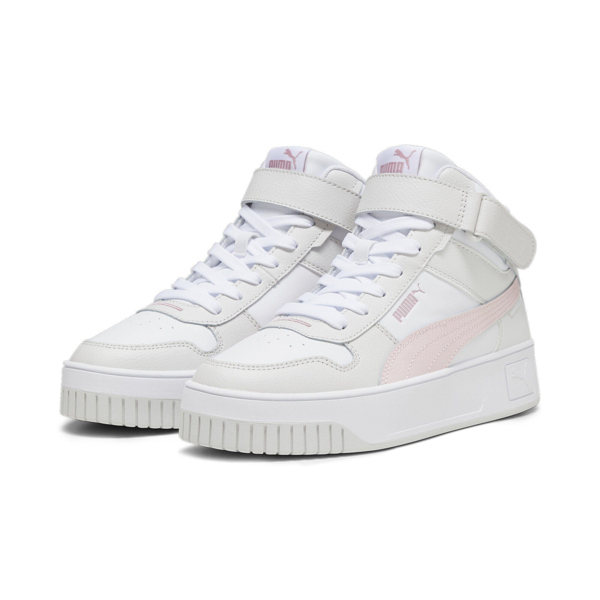 Beförderungsaussichten PUMA Carina White Mid Feather Sneakers Frosty Street Gray Pink Sneaker Damen