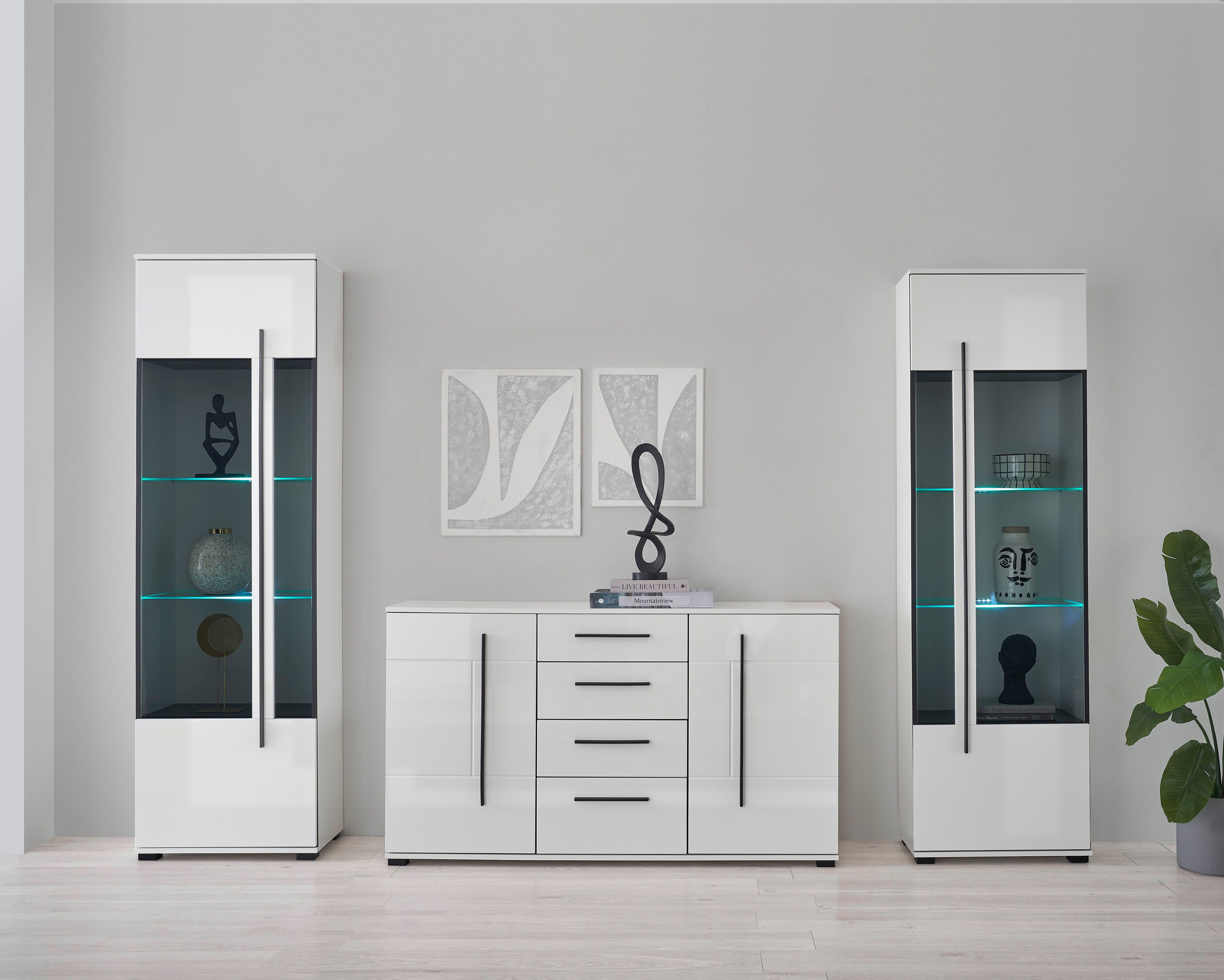 INOSIGN Wohnwand Cantara, moderne Anbauwand, Wohnzimmer-Set, in Eiche Evoke oder Weiß, (Set), enthält zwei Vitrinen und ein Sideboard