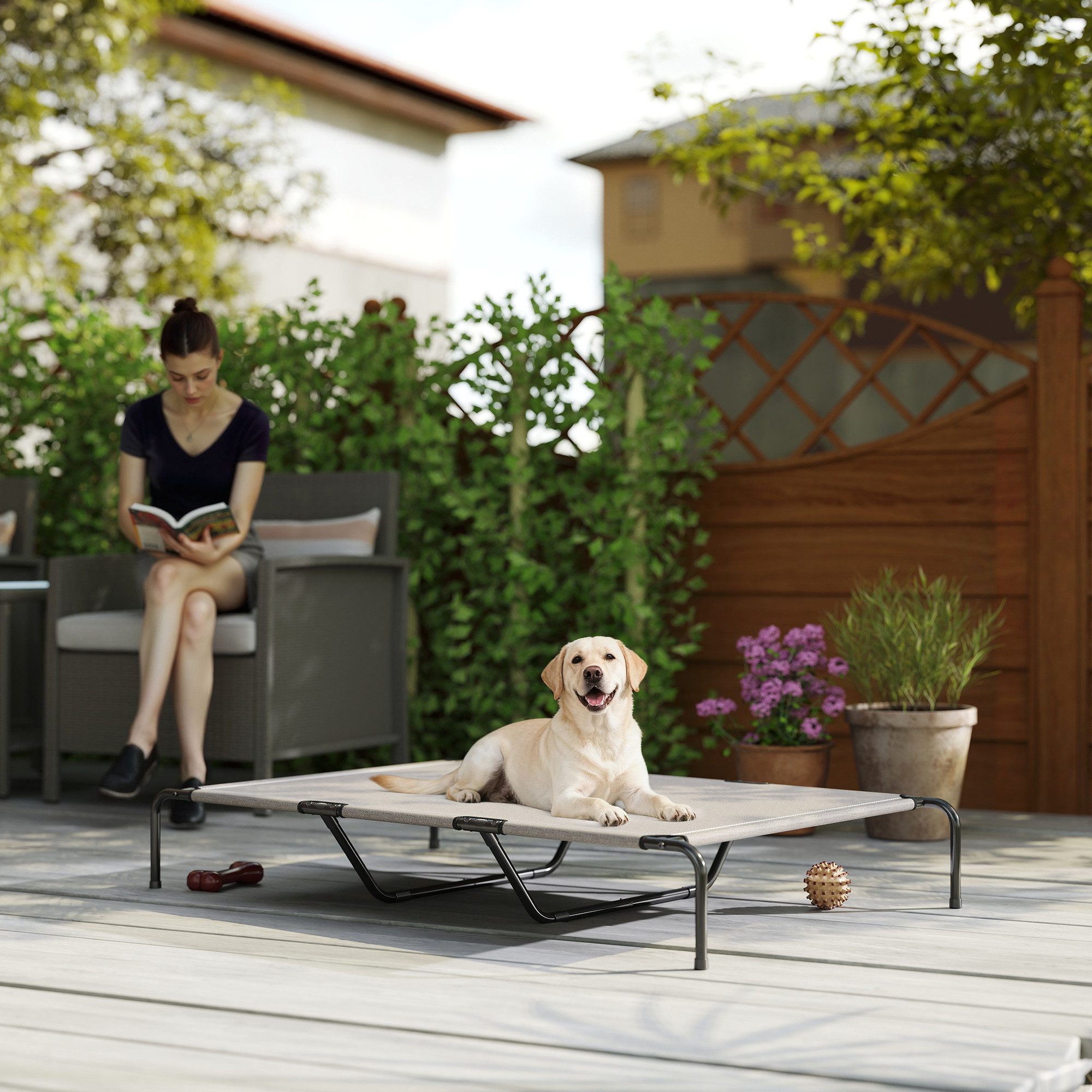 PawHut Tierbett Hundeliege Outdoor, Haustierliege atmungsaktiv, tragbar, Texteline, erhöhtes Hundebett für große Hunde, mit Stahlrahmen, Beige