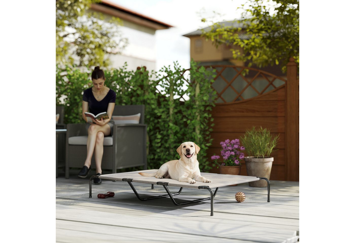 PawHut Tierbett Hundeliege Outdoor, Haustierliege atmungsaktiv, tragbar, Texteline, erhöhtes Hundebett für große Hunde, mit Stahlrahmen, Beige