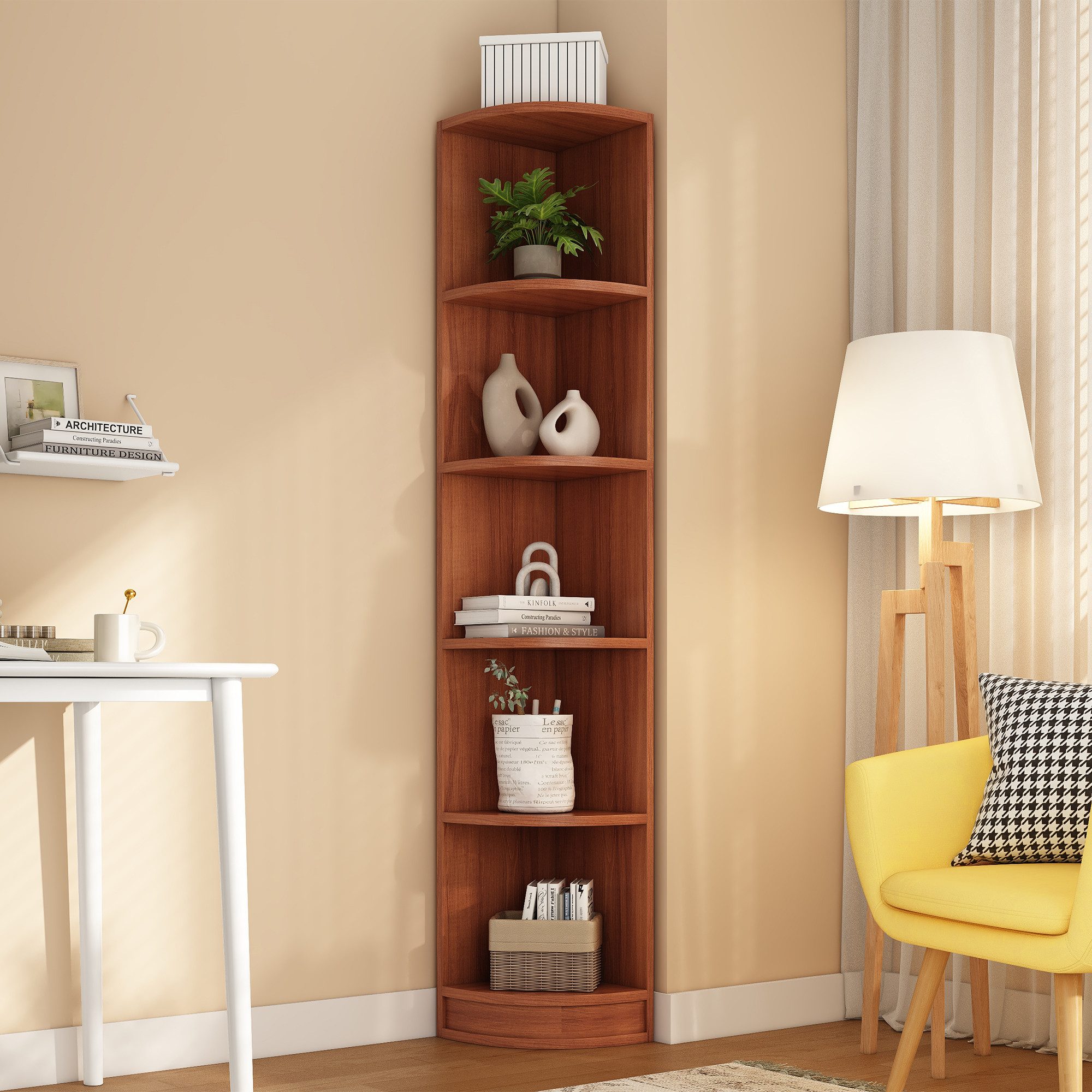 Flieks Bücherregal Hochschrank Eckregal Holzschrank Lagerregal 6 Ebenen, B42/T30/H180 cm, Standregal für Wohnzimmer, Schlafzimmer, Esszimmer, Arbeitszimmer 1-tlg., Eckschrank Eckbücherregal Aktenschrank 5 Fächern Walnussholzfarbe