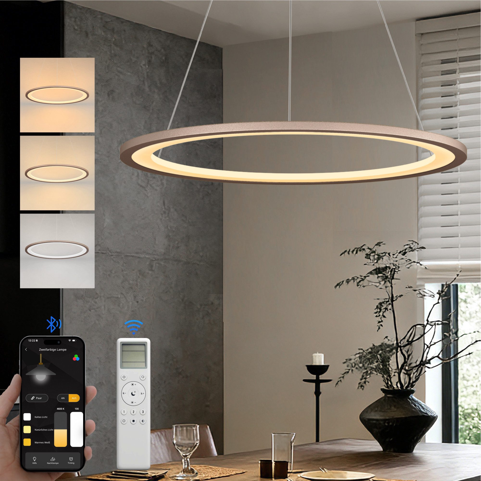 doporro Pendelleuchte Pendellampe Hängeleuchte höhenverstellbar stufenlos dimmbar Luvina01, Farbtemperatur von 3000–6000K einstellbar, LED-Pendellampe