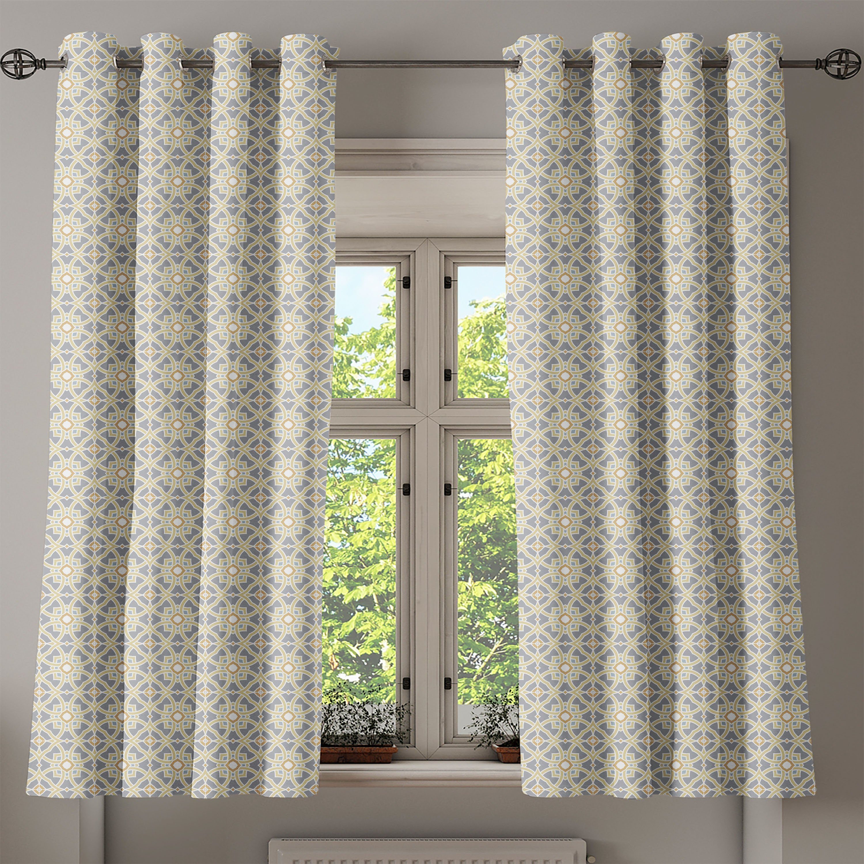 Abakuhaus, Marokkanische Schlafzimmer Dekorative Blumenkunst Geometrisch Gardine Wohnzimmer, 2-Panel-Fenstervorhänge für