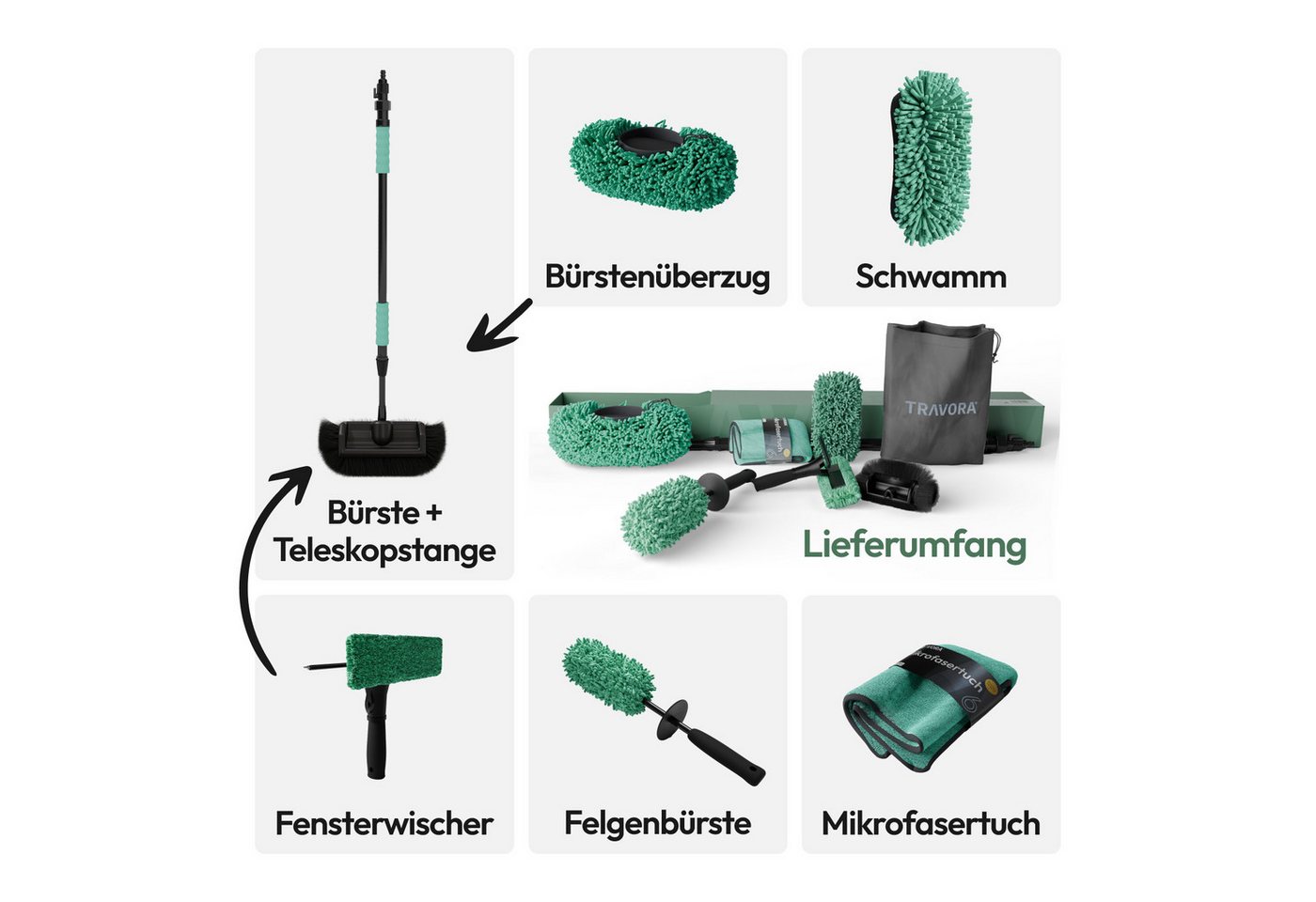 Thumbnail - TRAVORA Reinigungs-Set Premium Caravan- und Autoreinigungsset -7-teilig inkl. Teleskopbürste