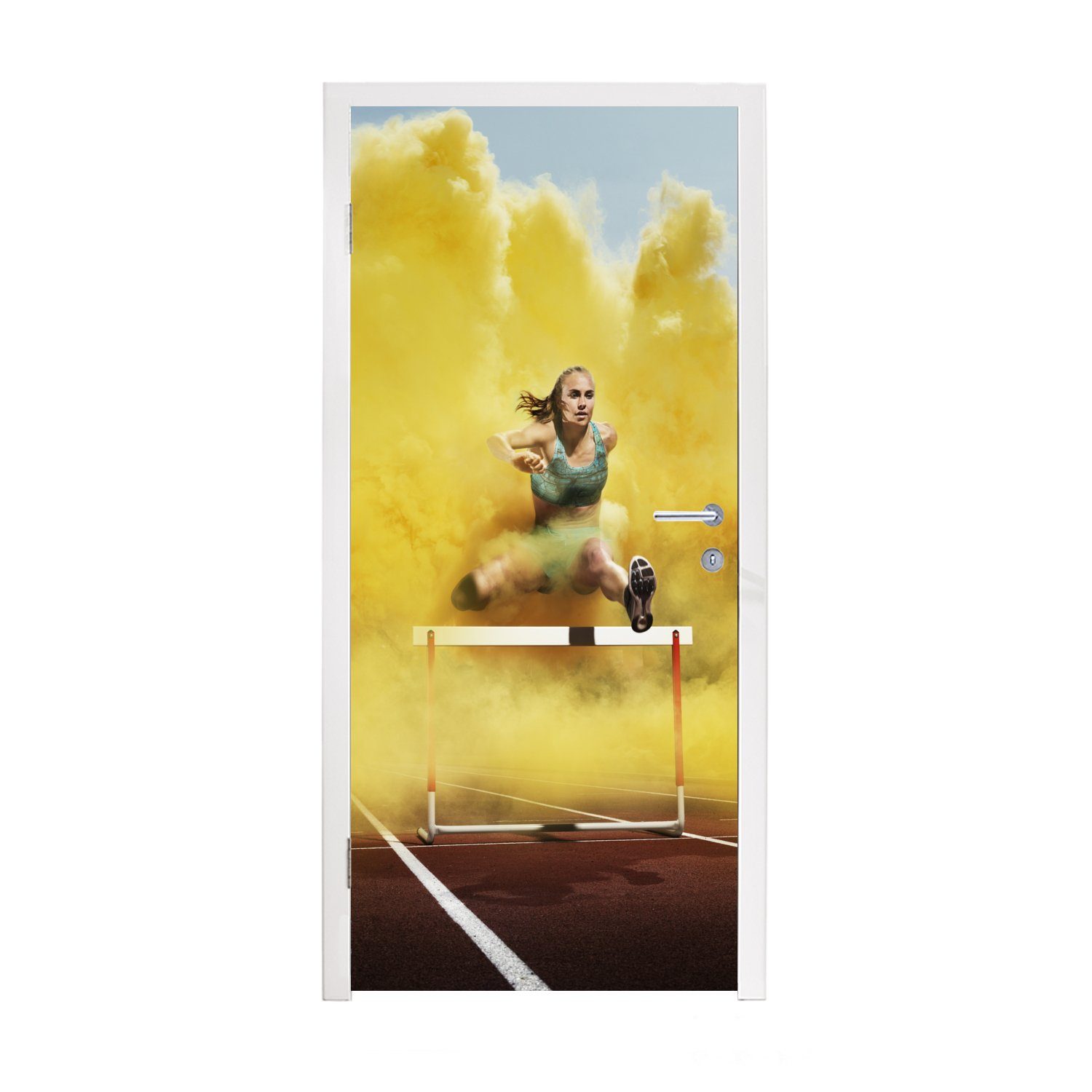 MuchoWow Türtapete Sportler springt durch gelben Rauch, Matt, bedruckt, (1 St), Fototapete für Tür, Türaufkleber, 75x205 cm
