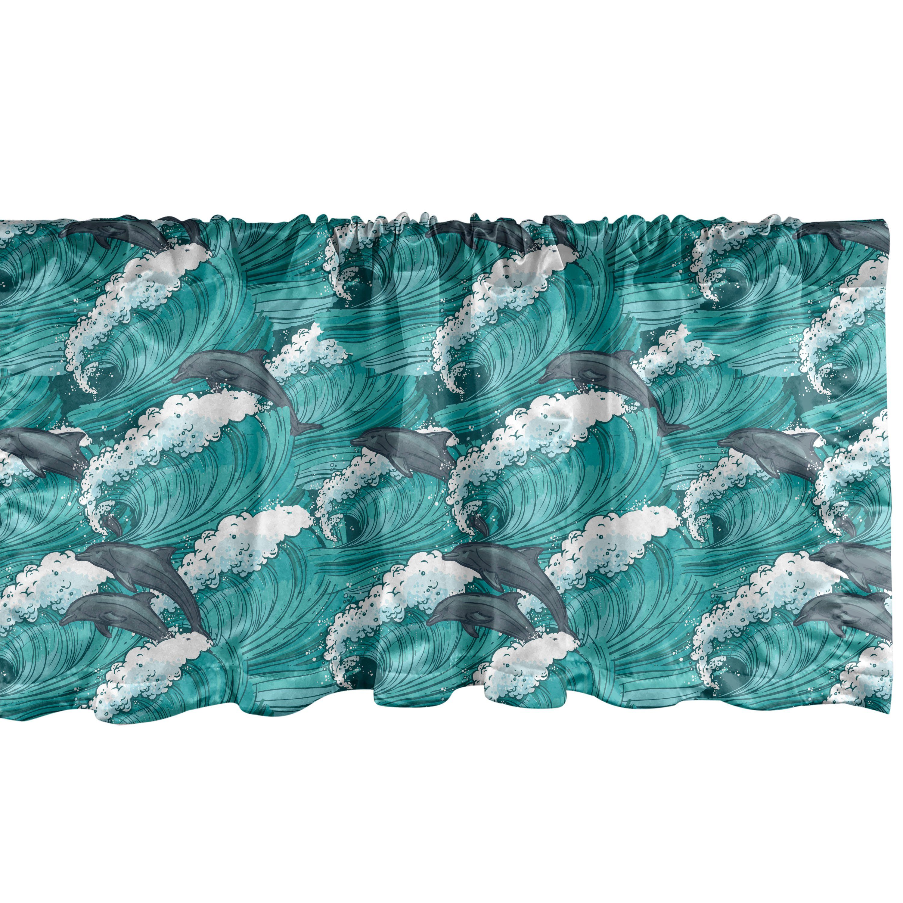 Scheibengardine Vorhang Volant für Küche Schlafzimmer Dekor mit Stangentasche, Abakuhaus, Microfaser, Ozean Surfen Doodle Dolphins