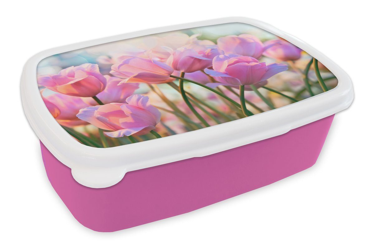 MuchoWow Lunchbox Tulpen - Rosa - Frühling, Kunststoff, (2-tlg), Brotbox für Erwachsene, Brotdose Kinder, Snackbox, Mädchen, Kunststoff