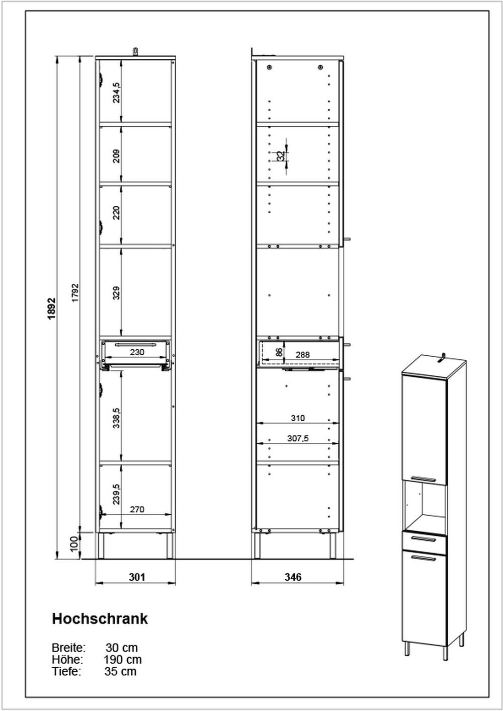 möbelando Hochschrank mit 3 2 413 30x190x35 Einlegeböden (BxHxT: in cm) weiss und Türen