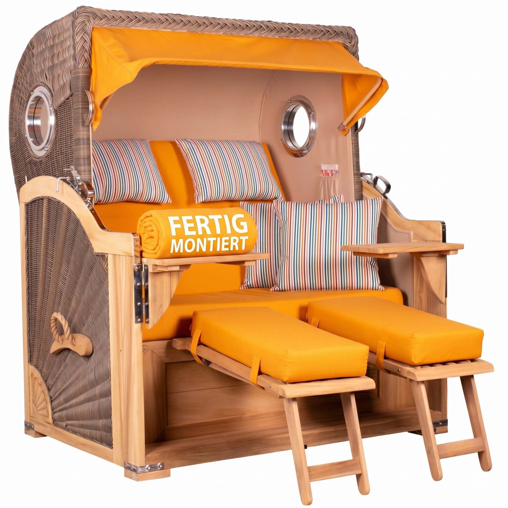 MR.DEKO Strandkorb XXL Baltikum 2,5-Sitzer Bullauge Teak PE Grey 142x170x95, BxTxH: 142x95x170 cm, Volllieger, Baltikum, (Wetterfester 2,5-Sitzer Strandkorb für Garten, Terrasse & Balkon), Volllieger mit Stauraum, Bullaugen & Edelstahl – komplett montiert