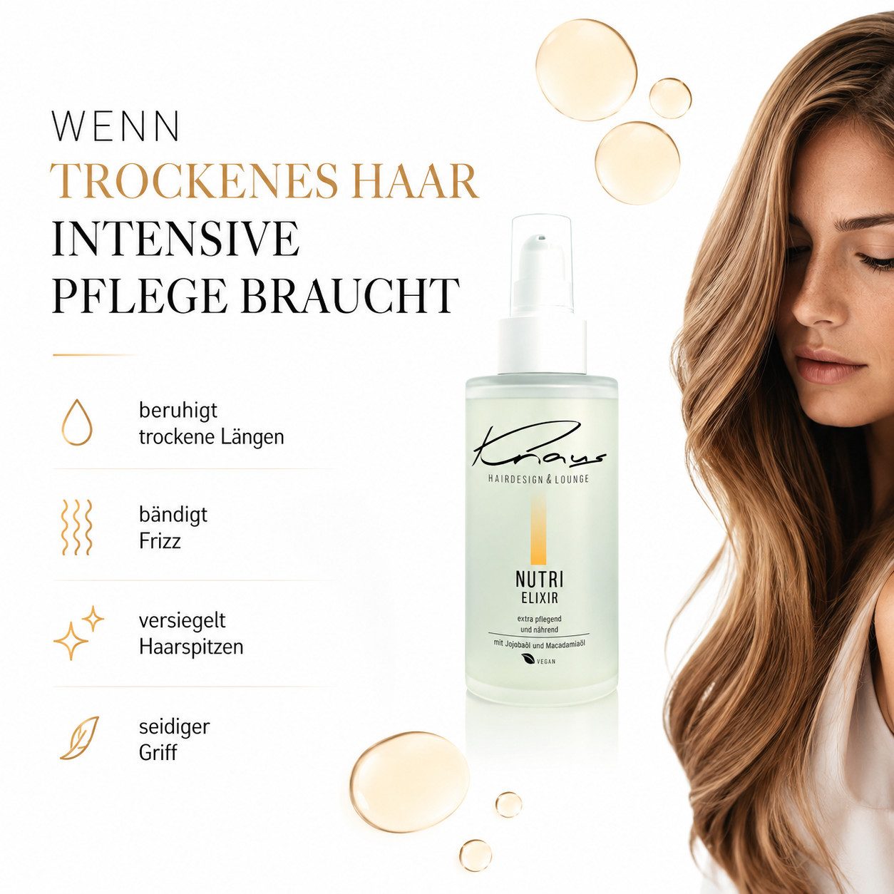 Knaus Hairdesign Haarelexier NUTRI ELIXIR 5-Phasen Spray Fluid, Jojoba, Macadamia-Öl, VEGAN, Luxus Allrounder Feuchtigkeit Schnellkur Versiegelt Spliss und Schäden