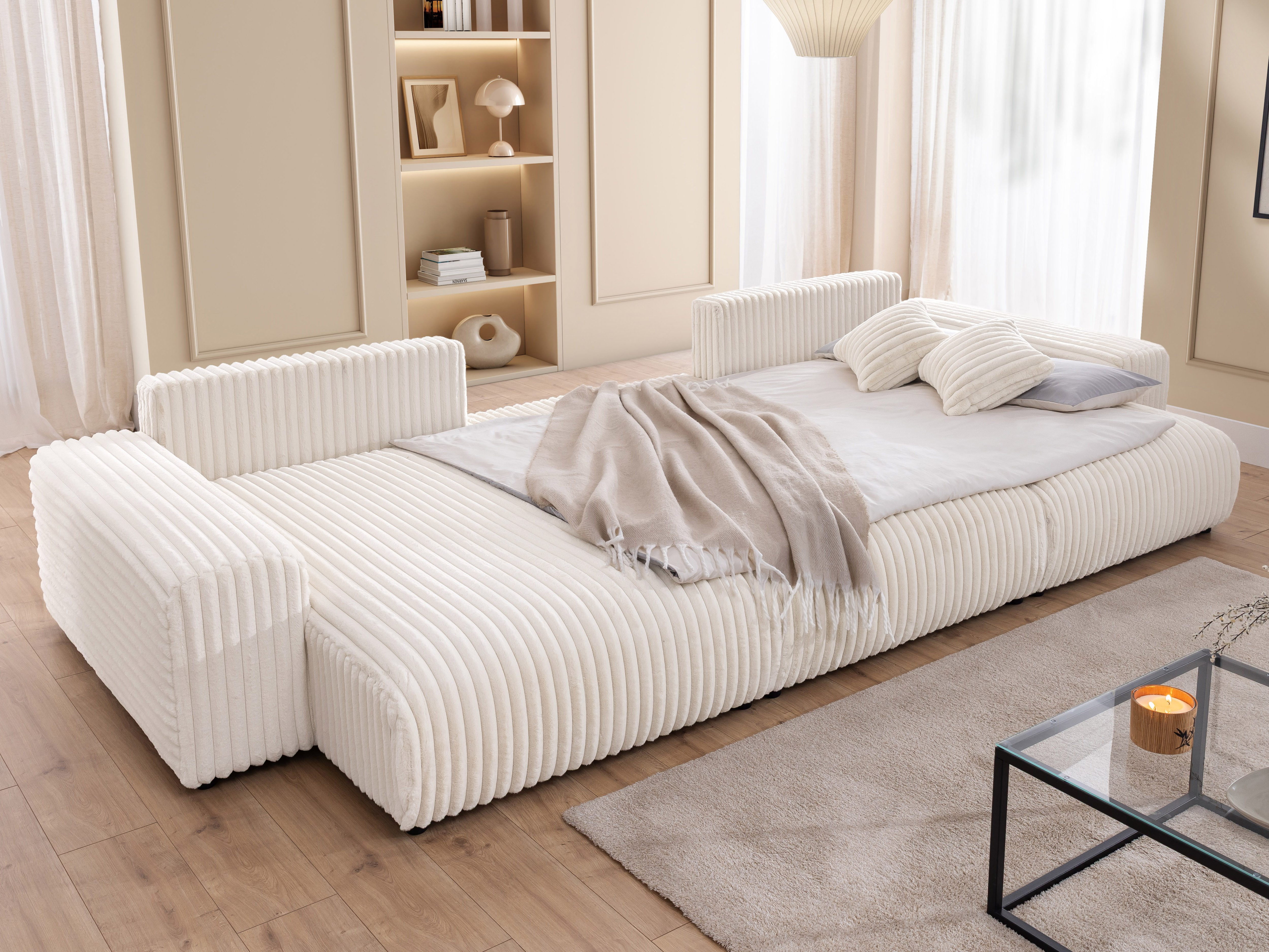 S-Style Möbel Wohnlandschaft Mollis mit Schlaffunktion und Bettkasten aus Plüschcord – Bild 4 von 5