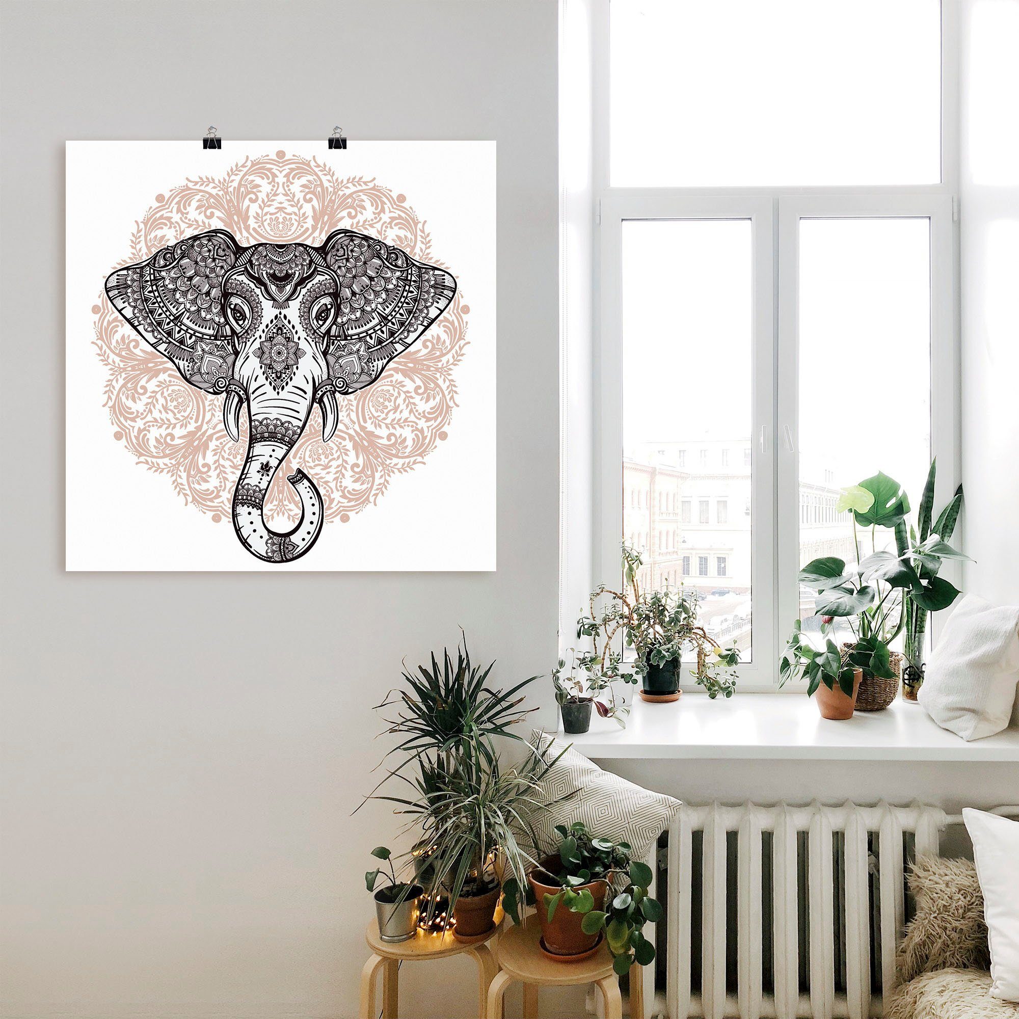 Vintage in als Wandaufkleber Mandala Artland Größen oder Wandbild (1 versch. Wildtiere Elefant, St), Leinwandbild, Poster Alubild,