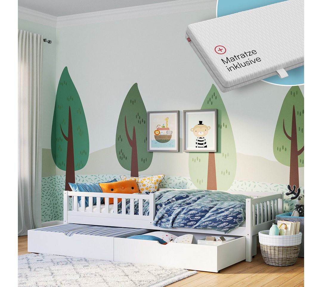 Bellabino Kinderbett Vils 90x200 cm mit Rausfallschutz, Lattenrost, Kiefer Massivholz (weiß, mit großer Schublade, mit Matratze)