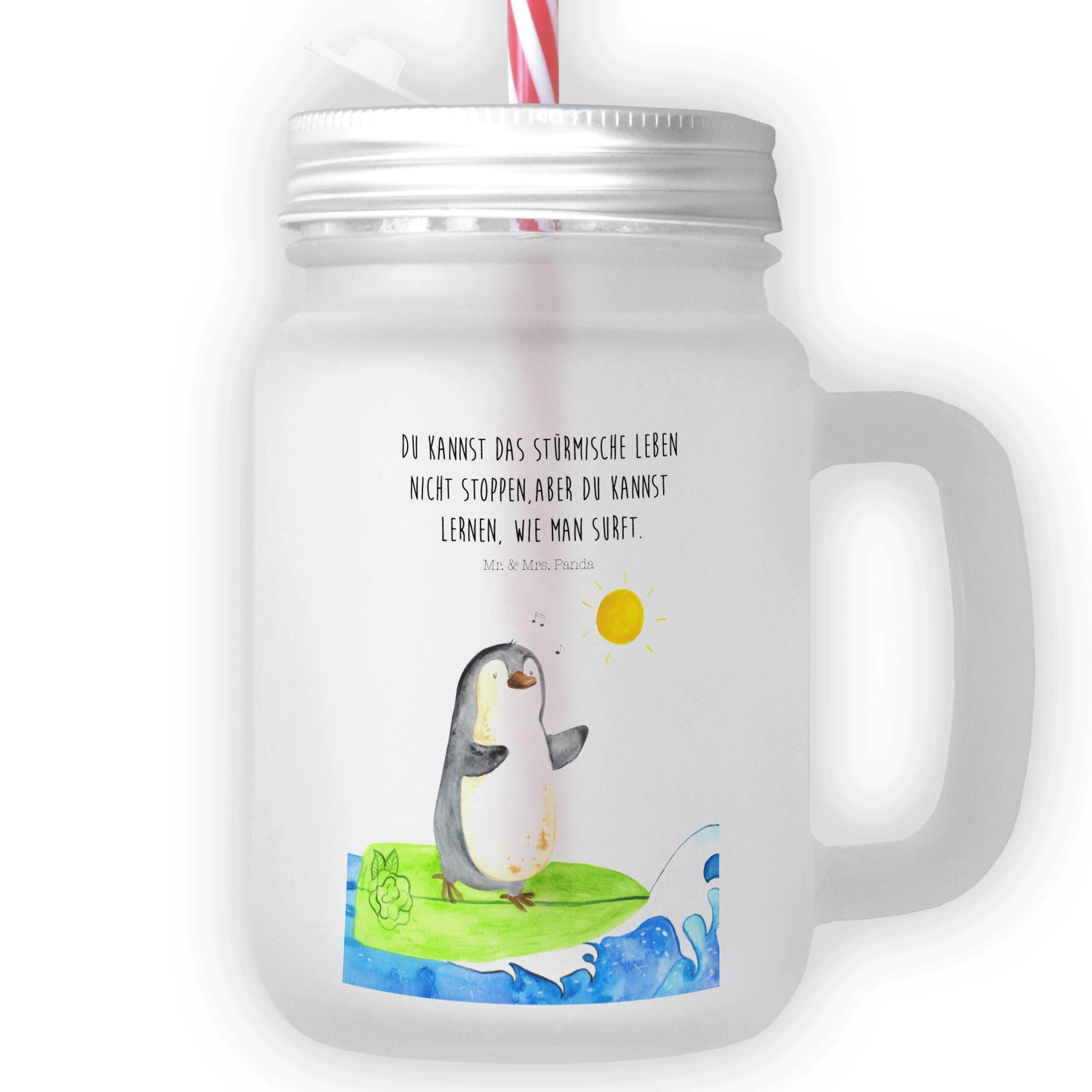 Mr. & Mrs. Panda Glas Pinguin Surfer - Transparent - Geschenk, Cocktail-Glas, Mason Jar Tri, Premium Glas
