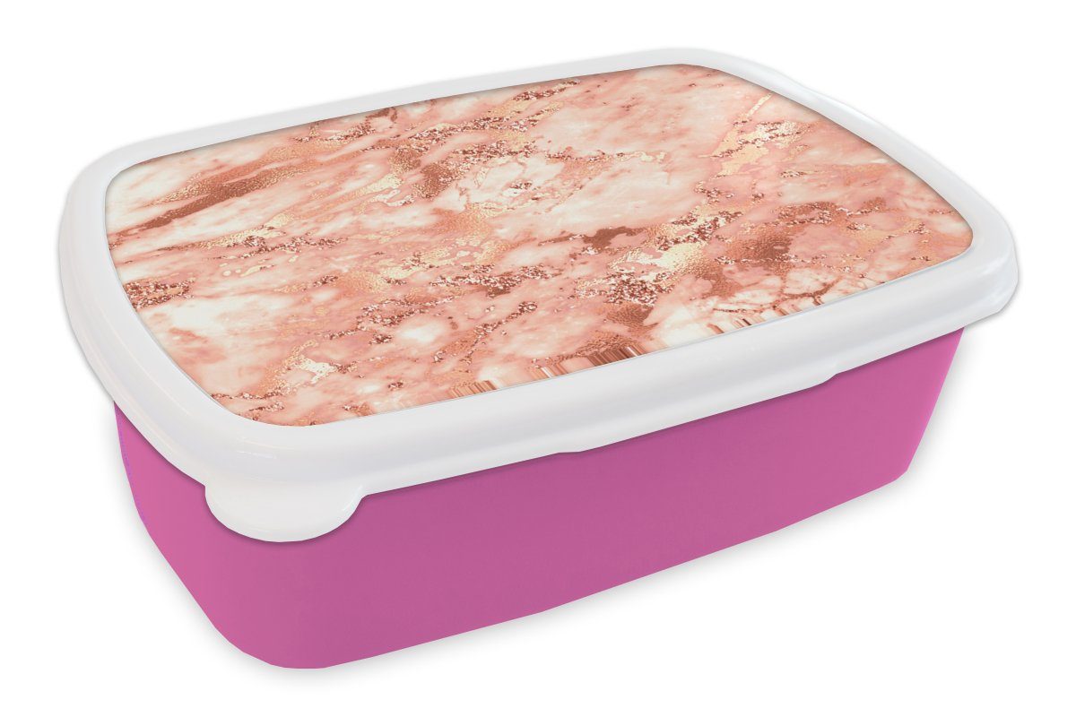 MuchoWow Lunchbox Marmor - Glitzer - Roségold, Kunststoff, (2-tlg), Brotbox für Erwachsene, Brotdose Kinder, Snackbox, Mädchen, Kunststoff rosa