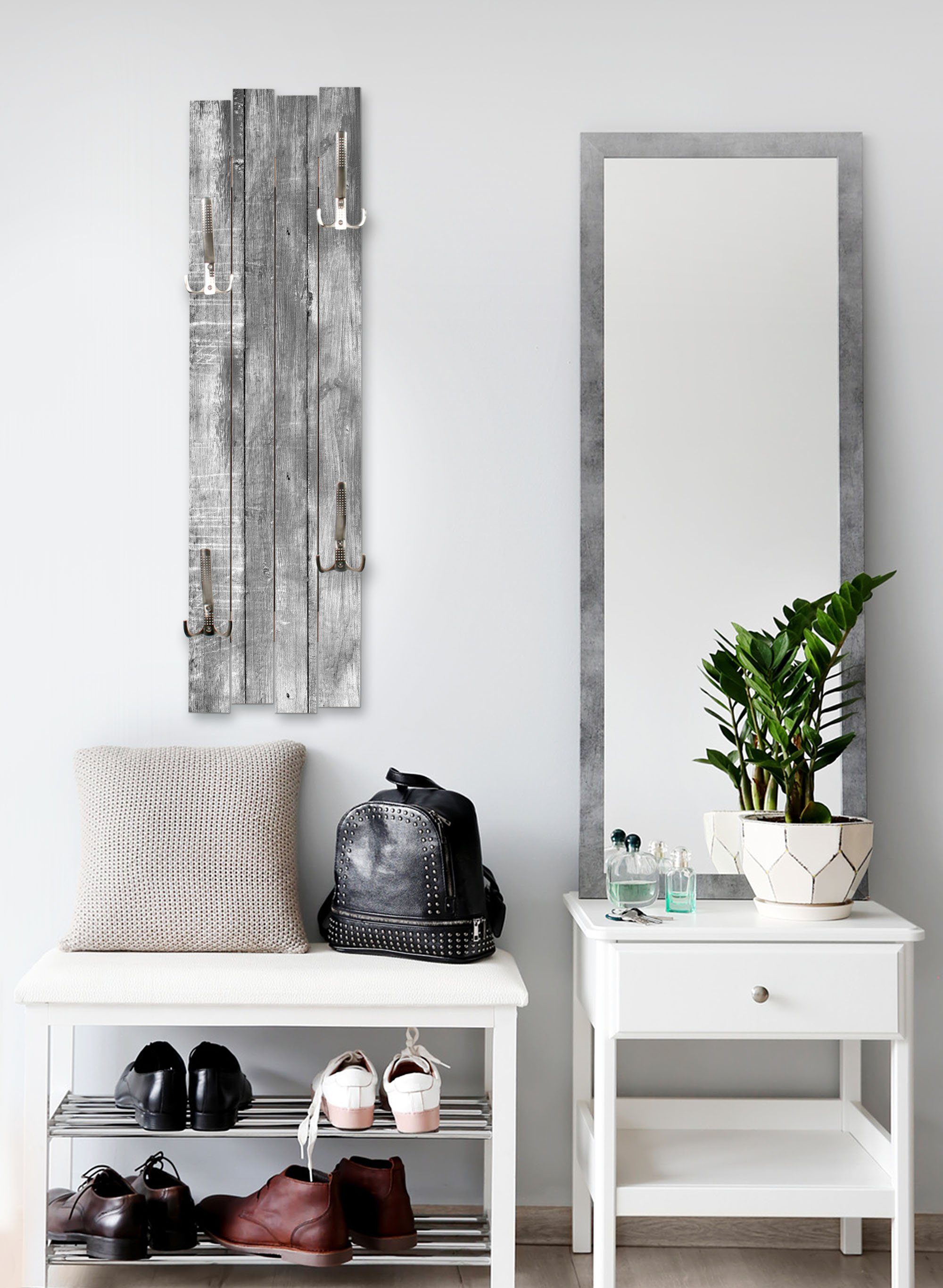 Kreative Feder Wandgarderobe Wand-Garderobe „Altes Holz Grau“ aus Holz, Shabby-Chic; ca. 100 x 30 cm; mit 4 Haken; außergewöhnlich, modern