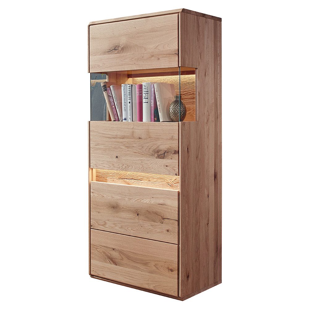 Lomadox Highboard WELLAND-69, 63 cm, Eiche massiv geölt mit LED-Beleuchtung, Türanschlag links