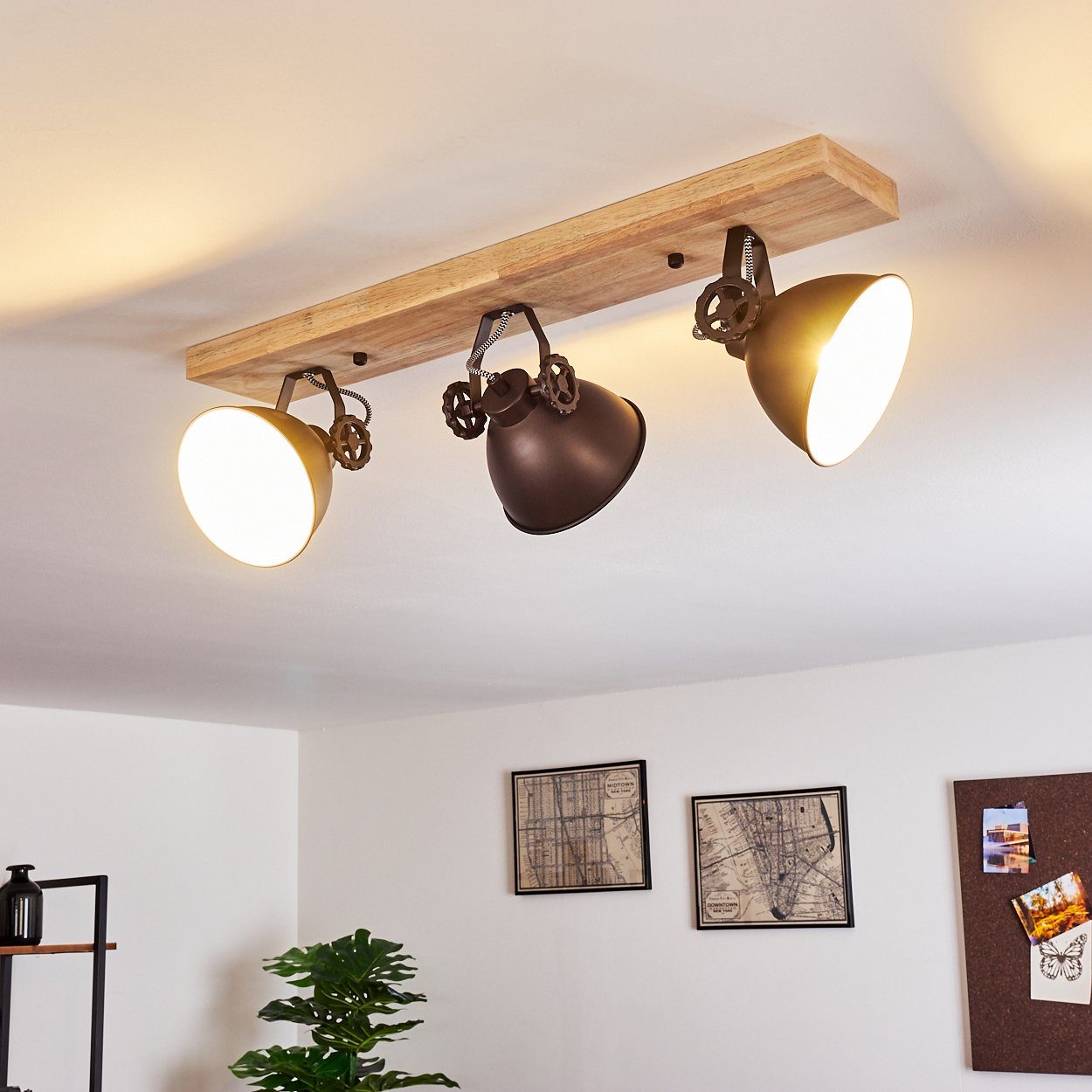 aus Deckenleuchte Deckenlampe mit ohne Strahlern, Design in verstellbaren hofstein Schwarz-Braun/Natur, »Mot« Retro/Vinatge 3xE14, Leuchtmittel, Metall/Holz