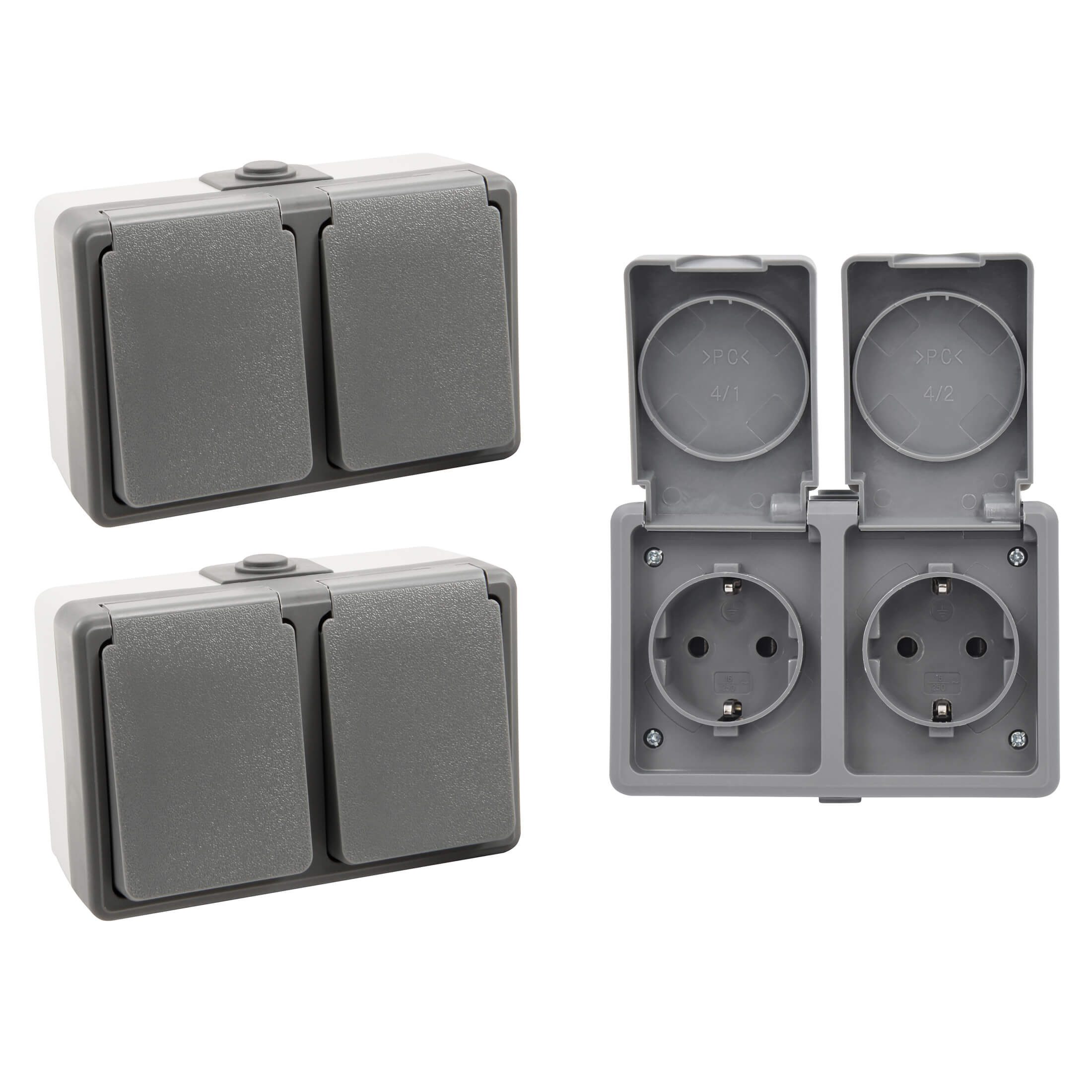 Aufputz-Steckdose 3er Set SECURE Feuchtraum Doppelsteckdose IP44 horizontal Aufputz