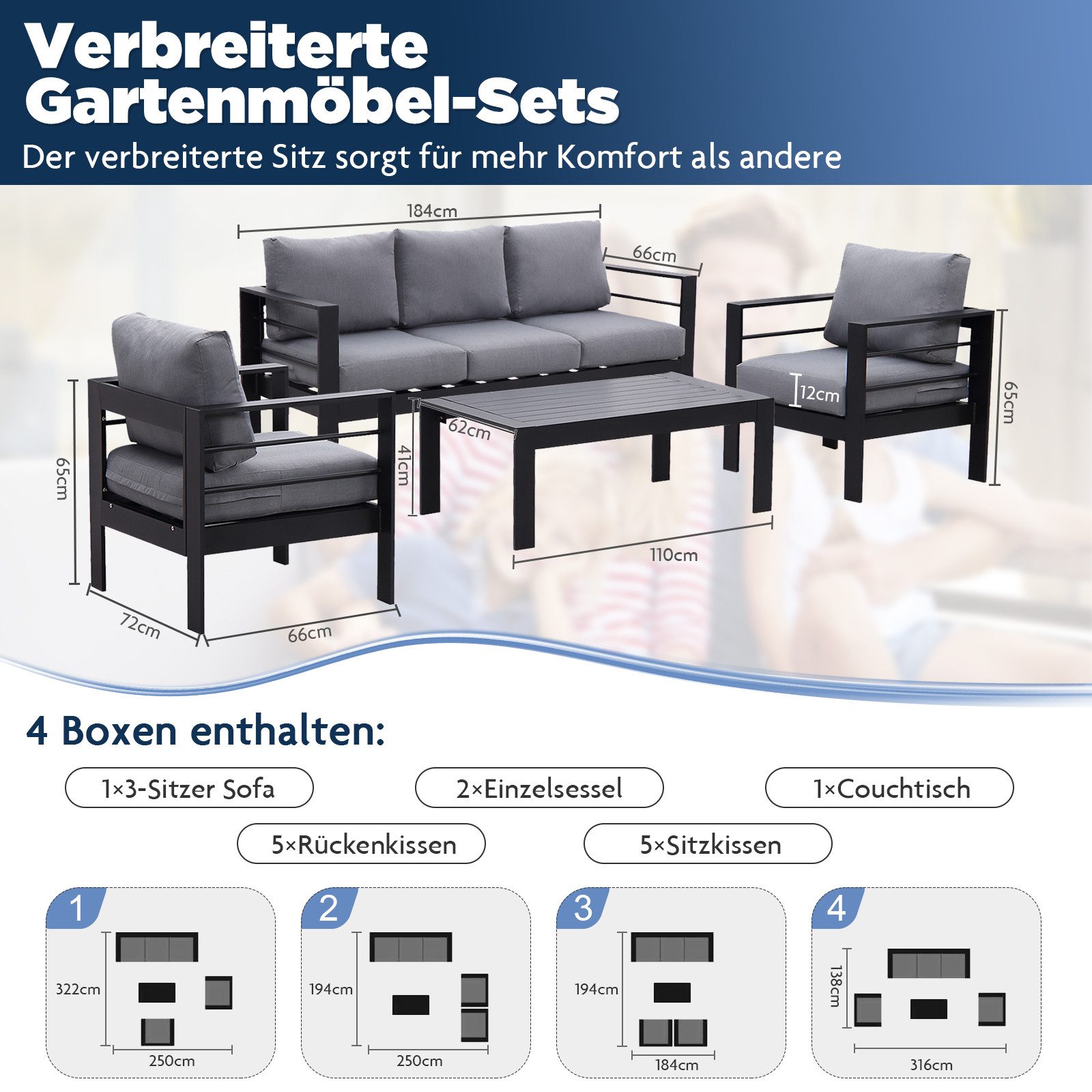 MeXo Gartenlounge-Set XXL Gartenmöbel Set Aluminium Outdoor, (Gartenmöbel Set, 4-tlg., 1×3-Sitzer Sofa, 2×Sessel, 1×Tisch, 10×Auflagen), wetterfest Sitzgruppe Essgruppe Gartengarnitur für 4-5 Personen