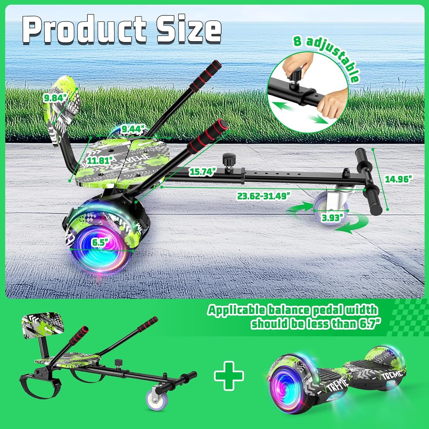 SISIGAD Balance Scooter Kart Set, 6,5'' Hoverboard mit kart,LED, Bluetooth, 8 km/h, 160W, Hoverboards mit Sitz, bis zu 7-8km,Geschenke für Kinder