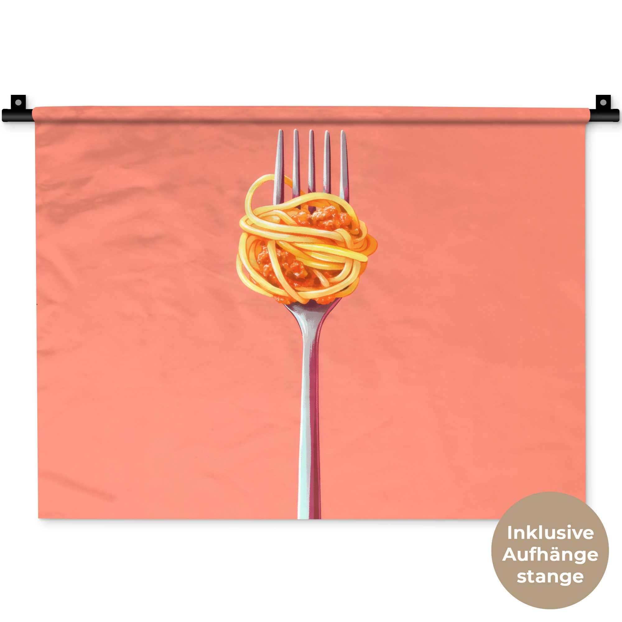 MuchoWow Wandteppich Gabel - Spaghetti - Künstlerisch - Rosa, Rechteckig, Höhe: 3 mm, Wanddeko Teppich Wohnzimmer, Schlafzimmer, 60x45 cm
