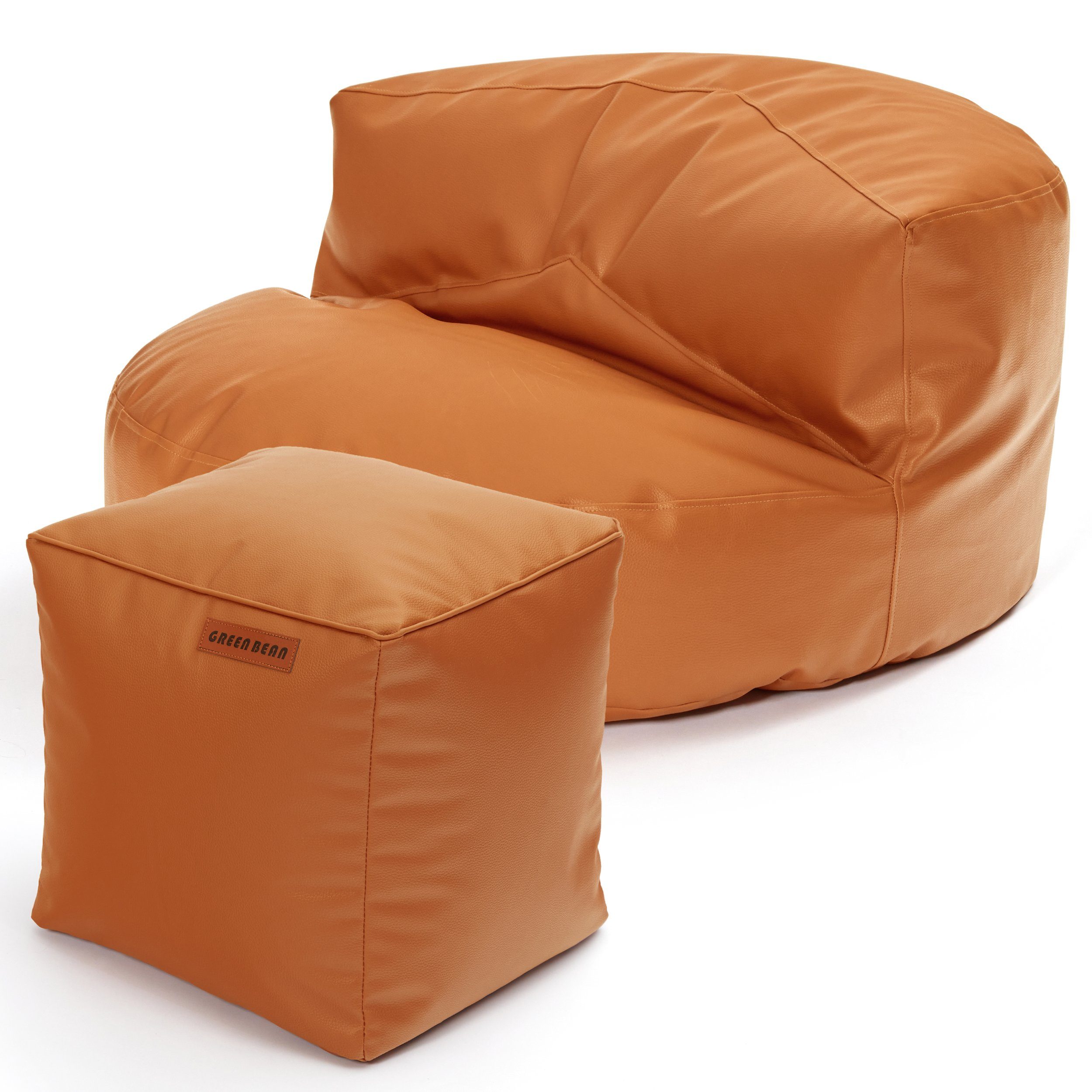 Green Bean Sitzsack Sofa + Pouf Sitzsack als Set aus Kunstleder, EPS Perlen Füllung ca. 90x45cm - Couch XXL Riesensitzsack Lounge Cube Cognac