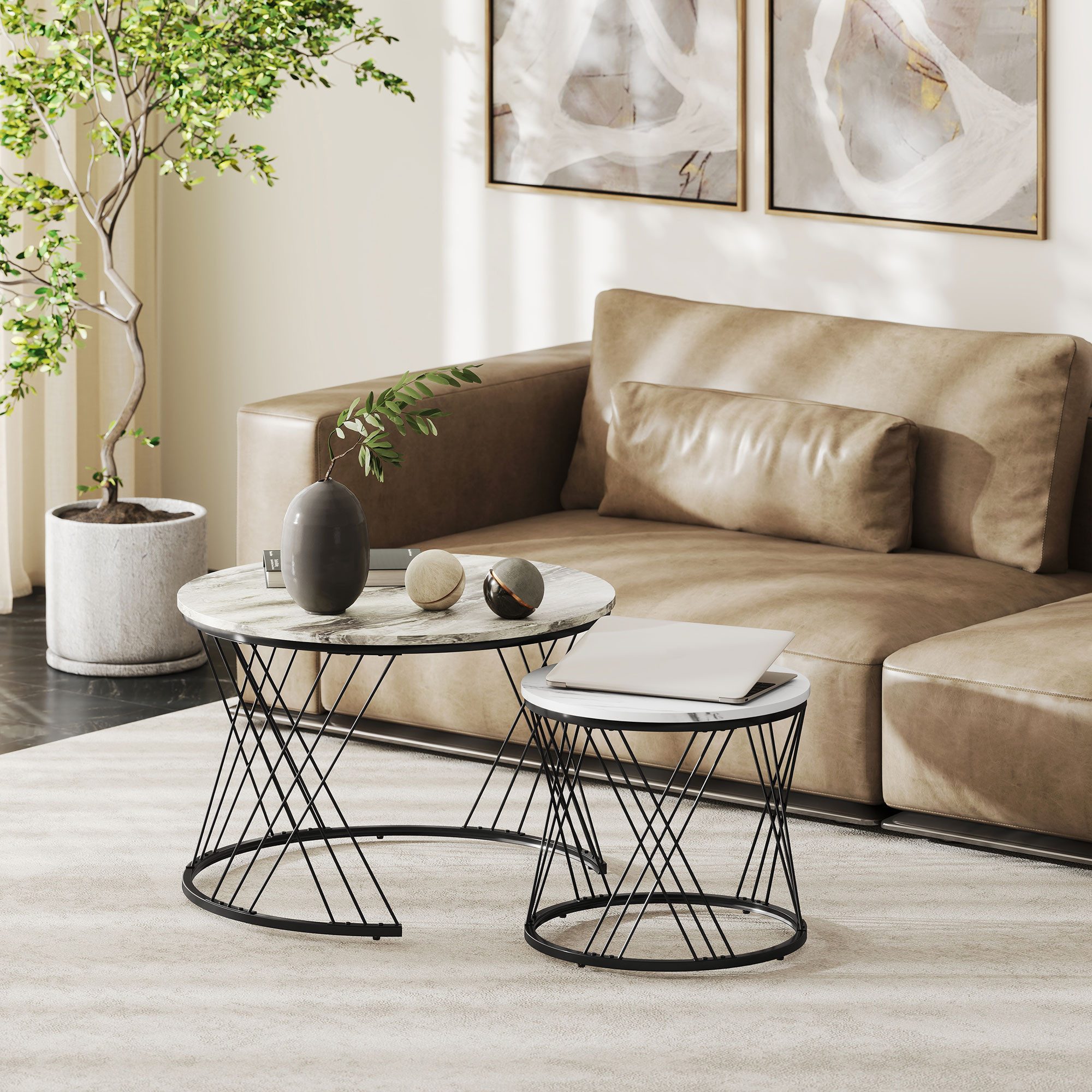HOMCOM Couchtisch Runder Satztisch mit Metallrahmen (Wohnzimmertisch, 2-St., Satztisch), Kaffeetisch für Wohnzimmer Schlafzimmer Grau