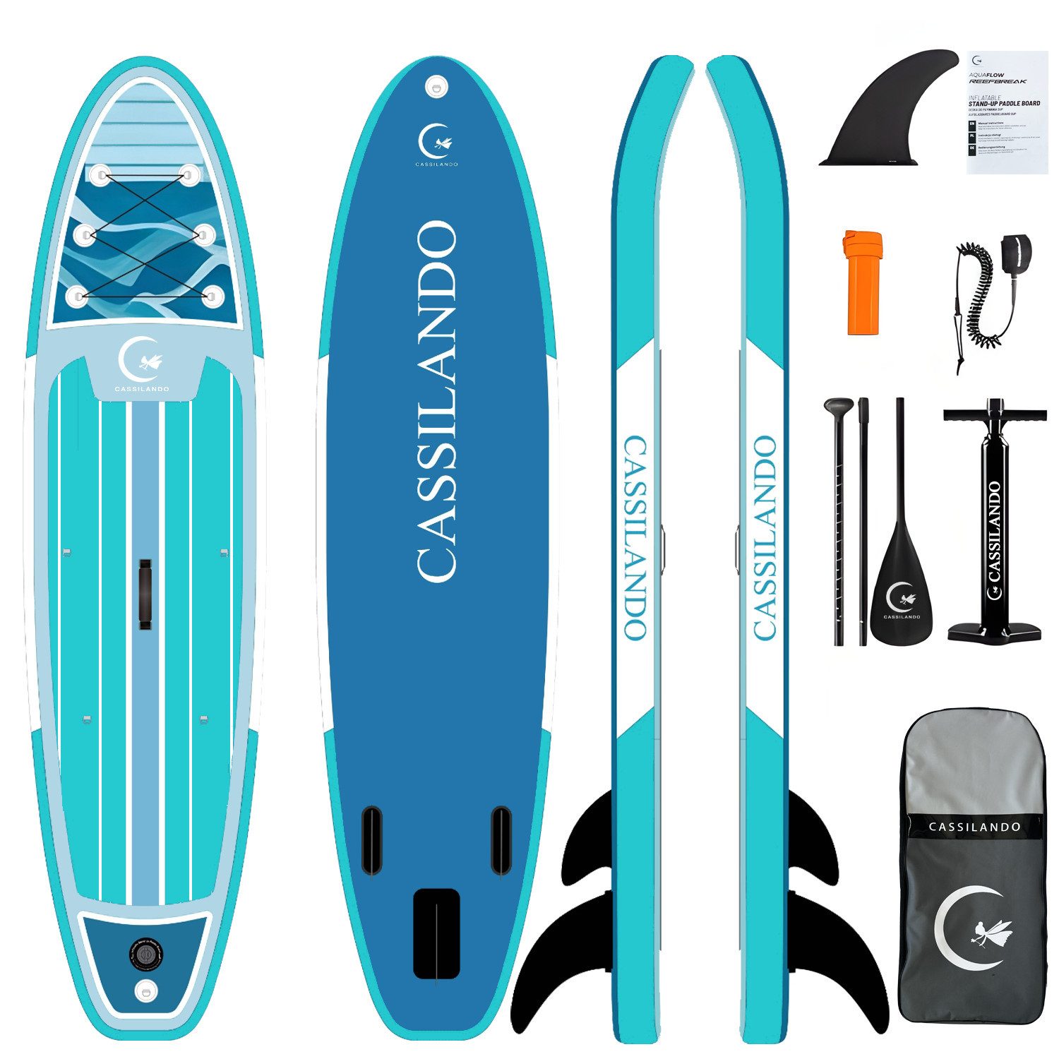 CASSILANDO SUP-Board Aufblasbares SUP-Board 335 x 84 cm mit 220 kg Belastbarkeit, (Hand pumpe, Verstellbares Paddel, Sicherheitsgurt, Reparatursatz, Rucksack), Pumpe