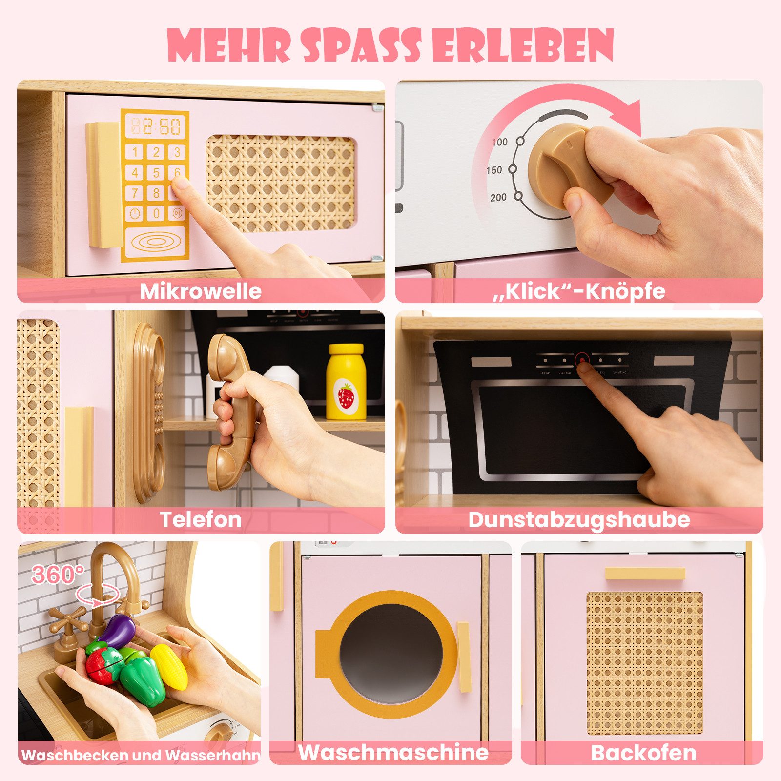 KOMFOTTEU Spielküche, Kinderküche mit Licht, Sound, 360° Wasserhahn, Herd