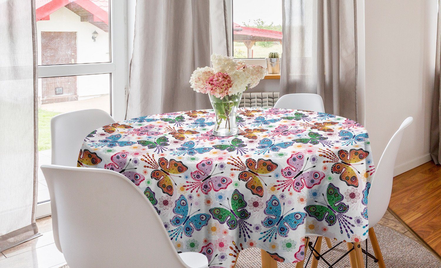 Abakuhaus Tischdecke Kreis Tischdecke Abdeckung für Esszimmer Küche Dekoration, Schmetterling Floral Vibrierende ethnische