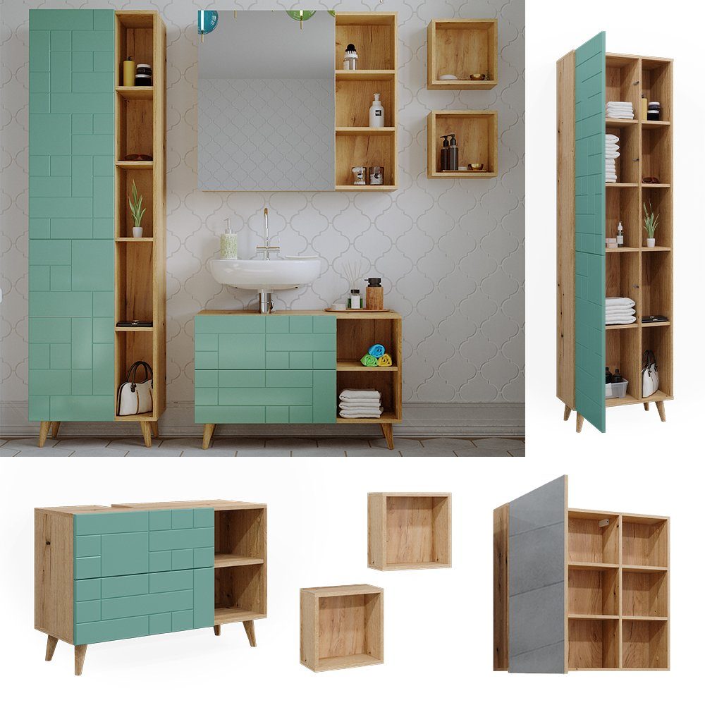 Vicco Badmöbel-Set Rudi, Mintgrün/Eiche, 5 Teile, günstig online kaufen