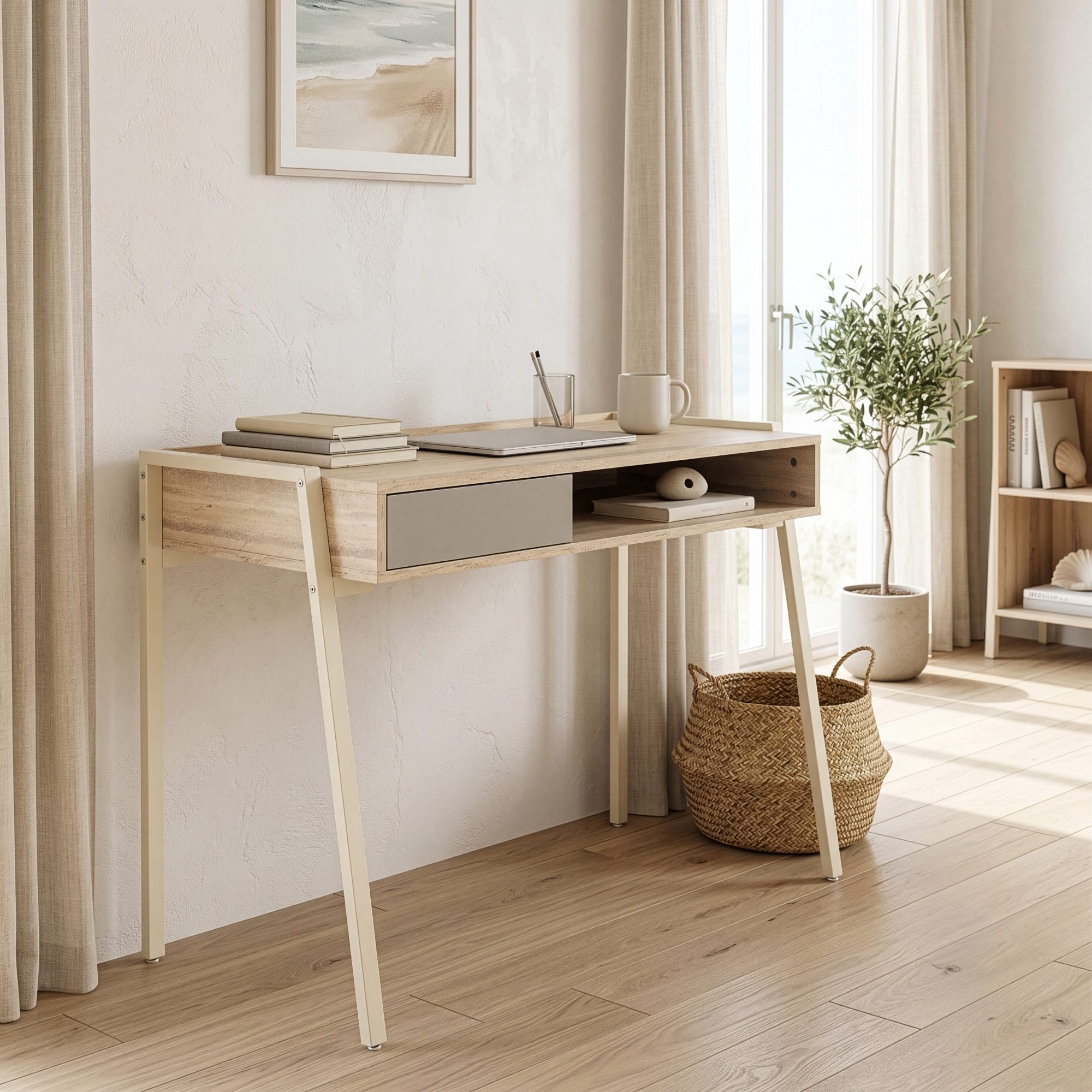 en.casa Schreibtisch, »Boderas« mit Stauraum 107x55x78 cm Metallgestell Beige/Travertin