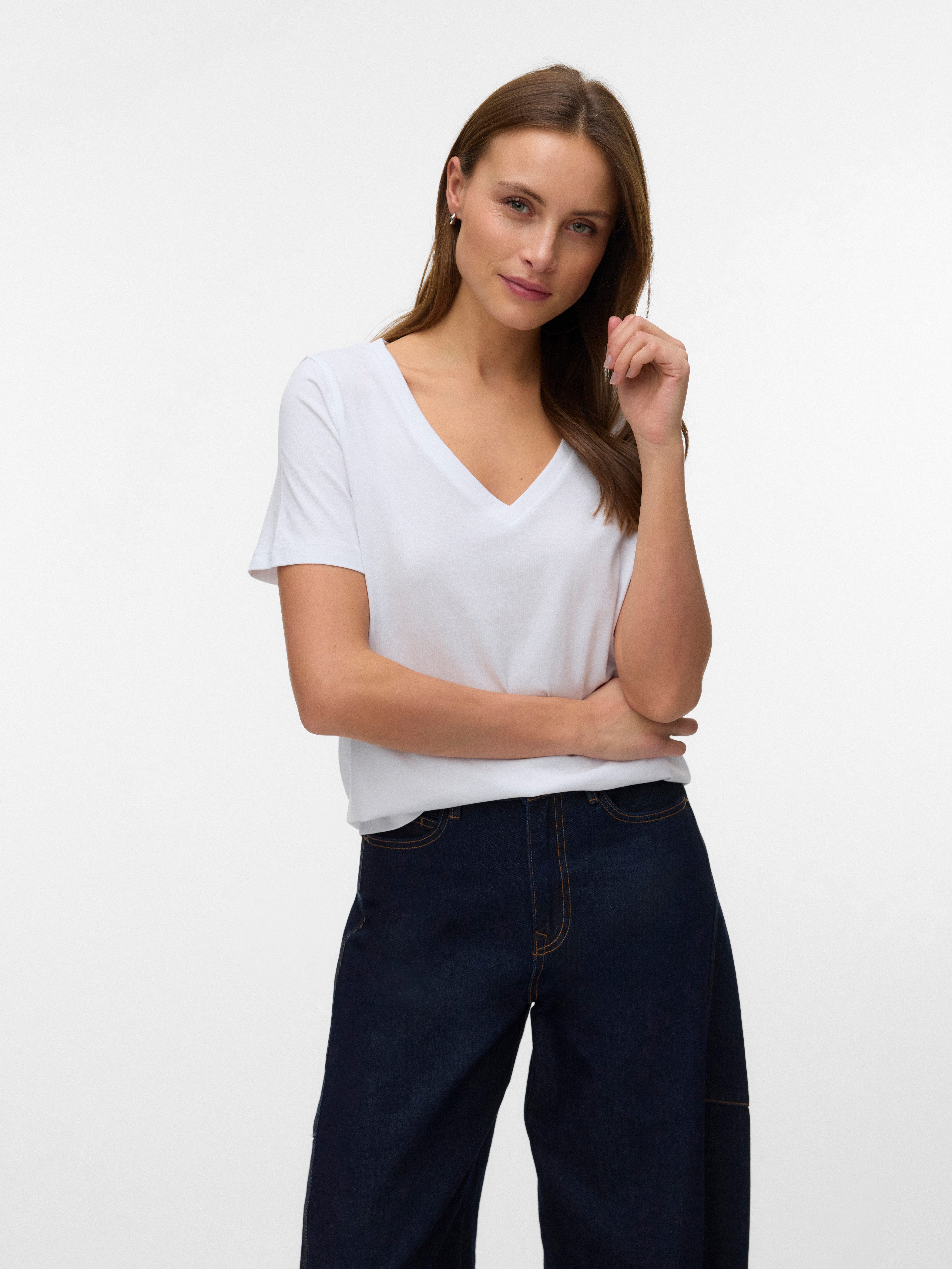 Vero Moda Kurzarmshirt VMPAULINA SS V-NECK T-SHIRT JRS NOOS Baumwolle