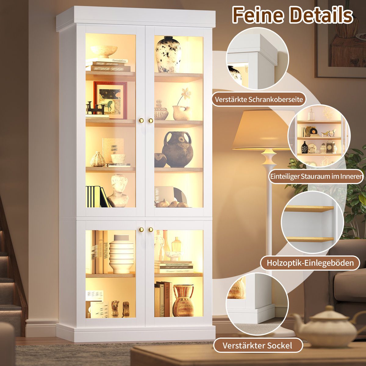 Odikalo Vitrine Vitrineschrank Glasvitrine mit LED (durchdachter Innenaufteilung und Kippschutz, stabil, sicher und vielseitig für Zuhause) 80×40×180cm – Bild 3 von 5