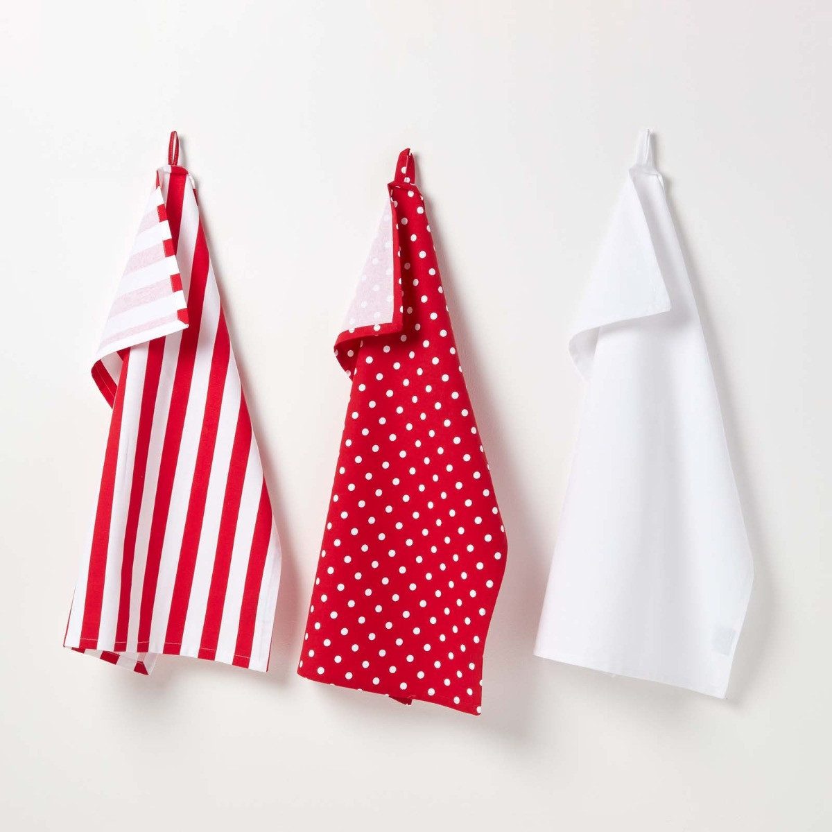 Homescapes Geschirrtuch 3er-Set Geschirrtücher – Polka Dots rot-weiß aus 100% Baumwolle