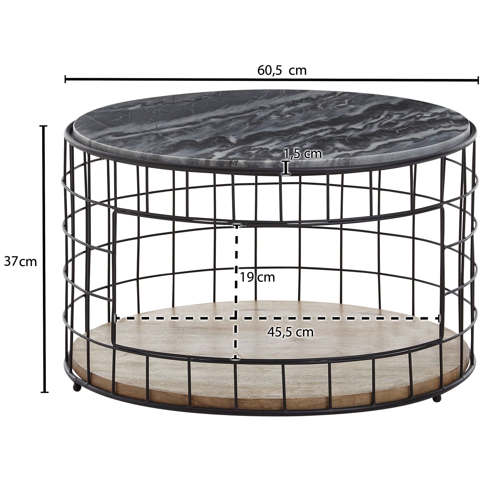 möbelando Couchtisch Couchtisch 60,5x60,5x37 Schwarz, Modern Stauraum, cm Wohnzimmertisch Rund Holz 60,5x60,5x37 Couchtisch cm Marmor Wohnzimmer Marmor Kaffeetisch Korb, Sofatisch Echter Sofatisch, Design Metall mit Anstelltisch Echter 