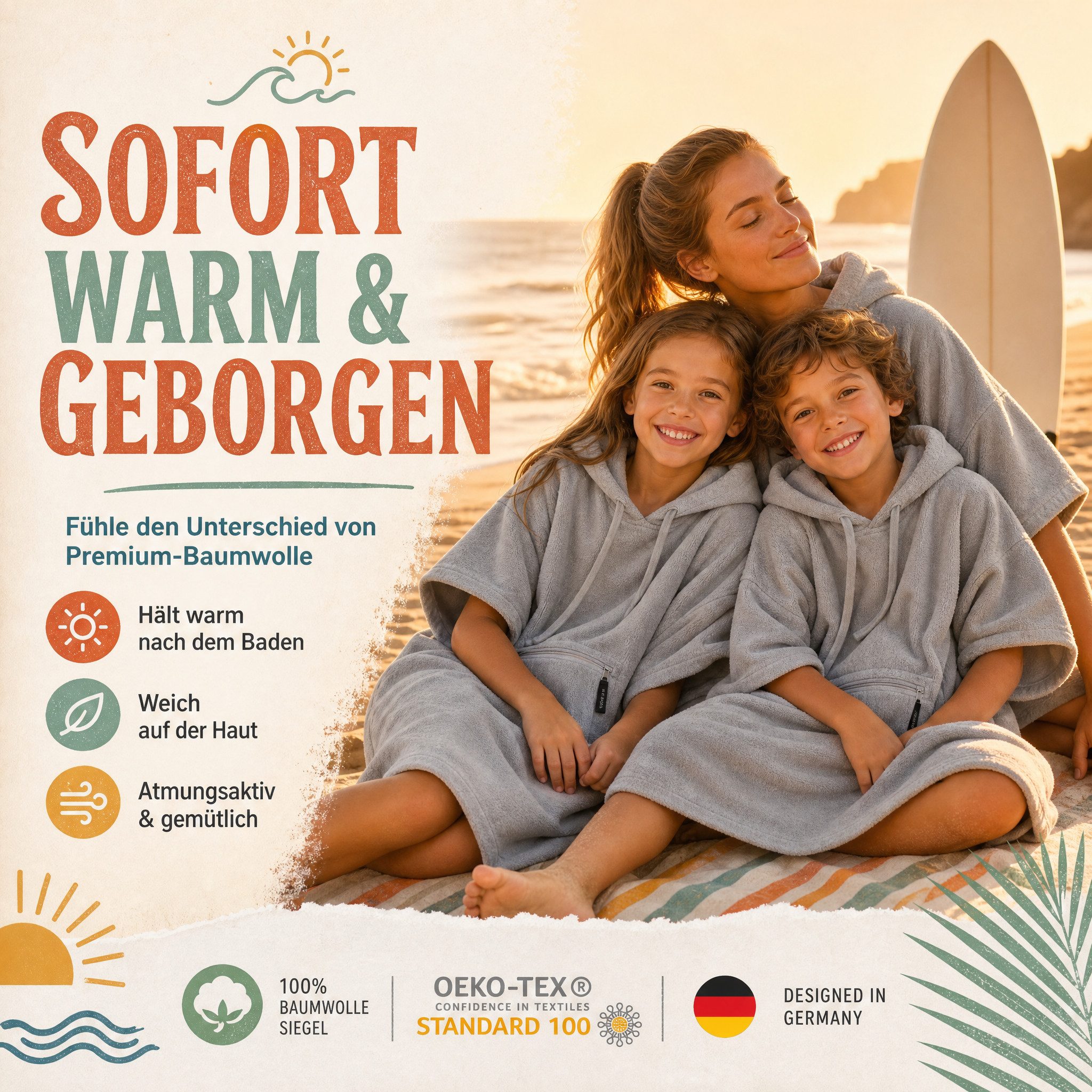 SIEGENTHAL Badetücher SIEGENTHAL® Strandponcho für Damen, Herren & Kinder aus Baumwolle, Integrierte Reißverschlusstasche für Wertsachen