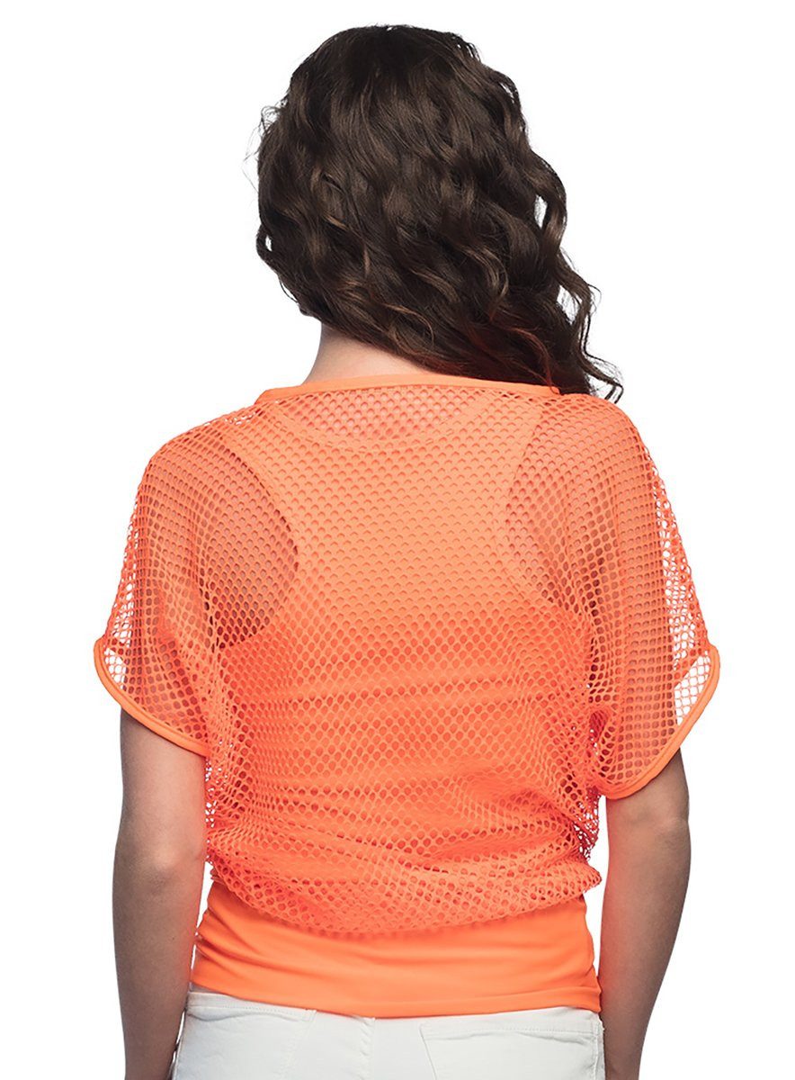Boland Kostüm Kurzarm Netzhemd neon-orange, Blickdichtes Tanktop mit übergestülptem Netzshirt