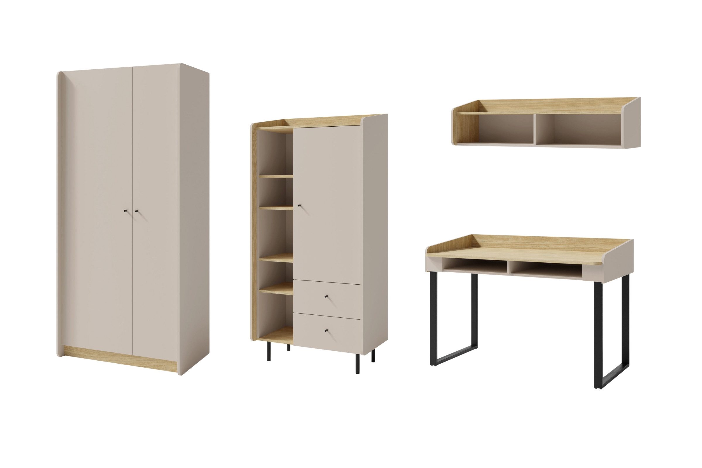 Deine Möbel 24 Jugendzimmer-Set ALBI C (3+10+11+5) Kinderzimmer-Set Kindermöbel, (Set, 4-tlg., Kleiderschrank, Schreibtisch, Hängeregal, Hochkommode), ALBI Kollektion Sandbeige Eiche Eukalyptus