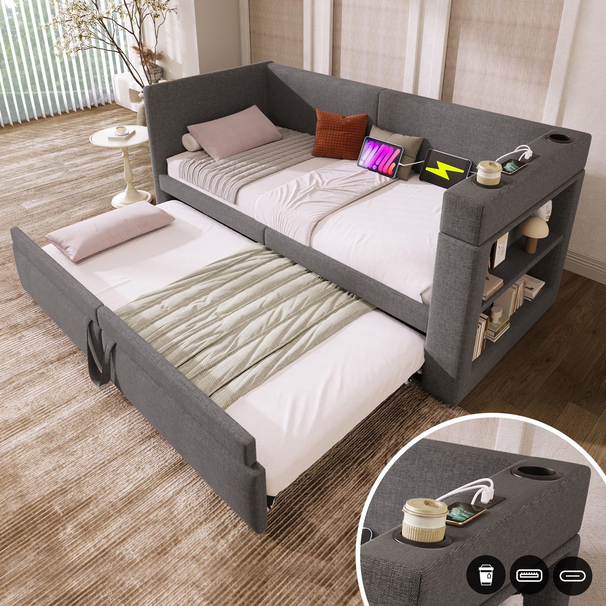 REDOM Polsterbett mit ausziehbarem Bett, Leinen-Baumwoll-Material günstig online kaufen