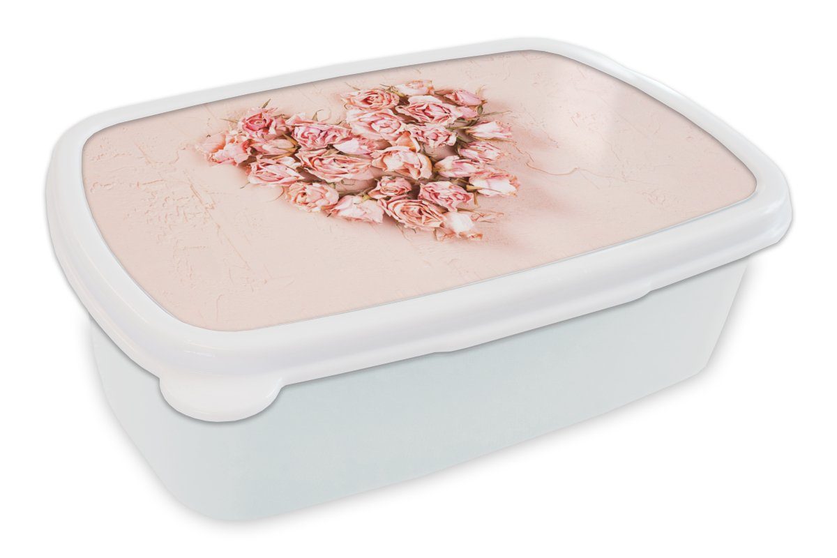 MuchoWow Lunchbox Herz - Blumen - Rosa, Kunststoff, (2-tlg), Brotbox für Kinder und Erwachsene, Brotdose, für Jungs und Mädchen weiß