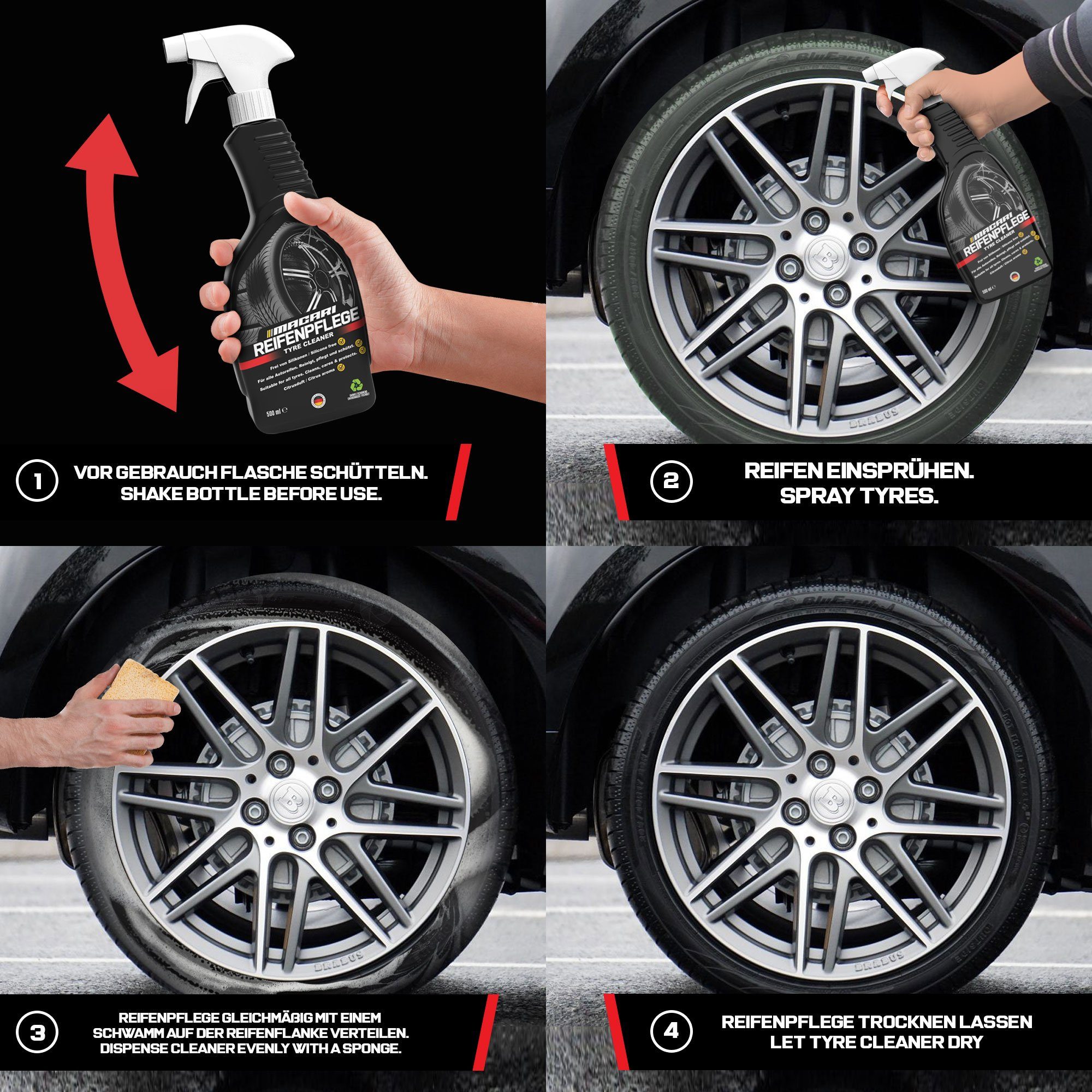 1 Autopflege Felgenbürste mit Macari Felgenreiniger Liter) (3-St. Reifenpflege Reifenglanz Reinigungsset