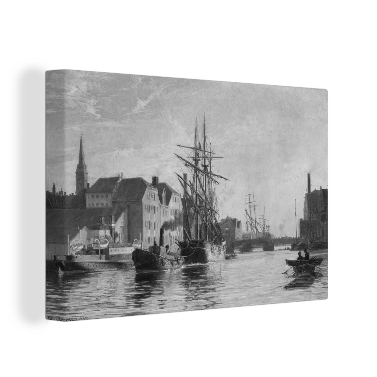 OneMillionCanvasses® Leinwandbild Hafen von Kopenhagen - Gemälde von Vilhelm Arnesen - schwarz-weiß, (1 St), Wandbild Leinwandbilder, Aufhängefertig, Wanddeko, 30x20 cm