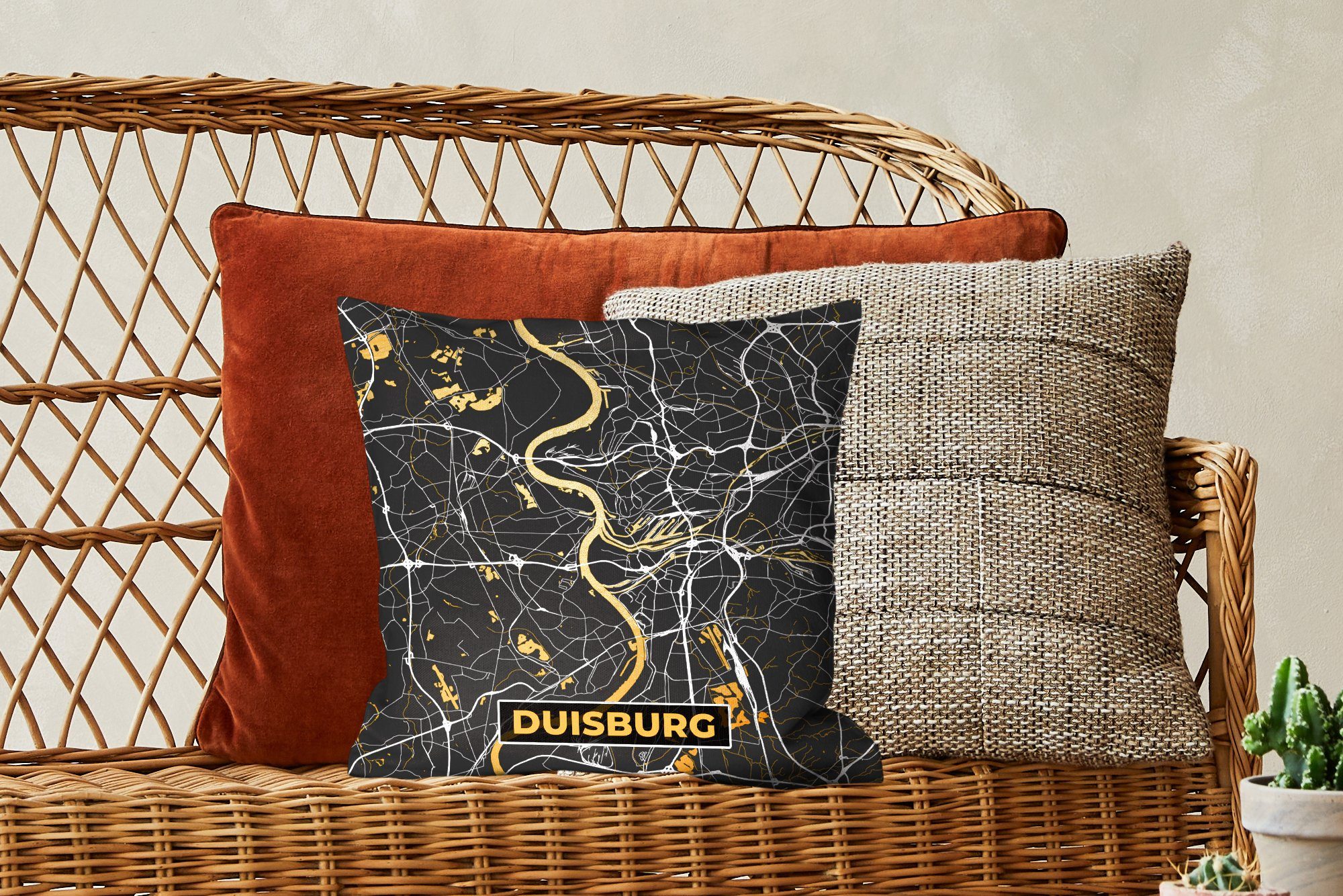 Sofakissen Gold, - Deutschland Karte Zierkissen Schlafzimmer, Wohzimmer, Stadtplan mit - - Füllung für MuchoWow - Duisburg Deko, Dekokissen