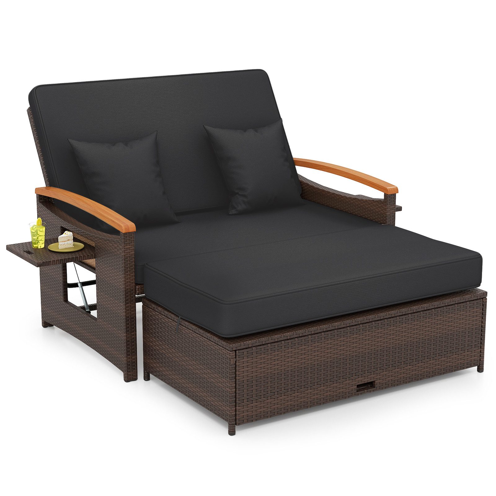 KOMFOTTEU Gartenliege 3 in1 Rattan Sofabett Doppelliege, mit ausziehbarer Seitenablage & Hocker