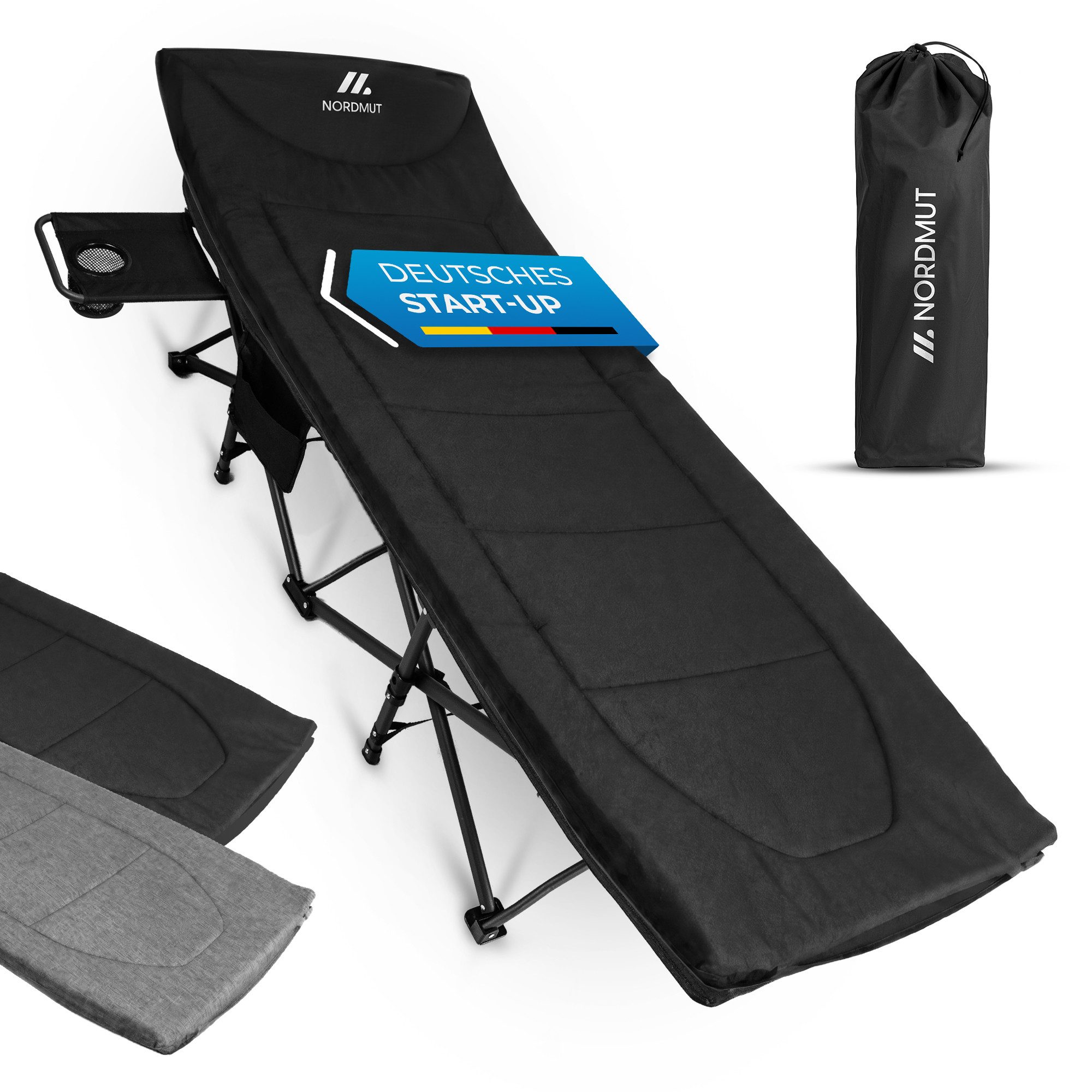 Nordmut Feldbett Klappbar mit Matratze, Campingbett Gästebett, Outdoor Erwachsene (Spar-Set, 1-St., Nordmut Kebne mit Auflage, Nachttisch & Tragetasche) mit Auflage, Tragetasche, Seitentasche, Nachttisch, 200 kg belastbar